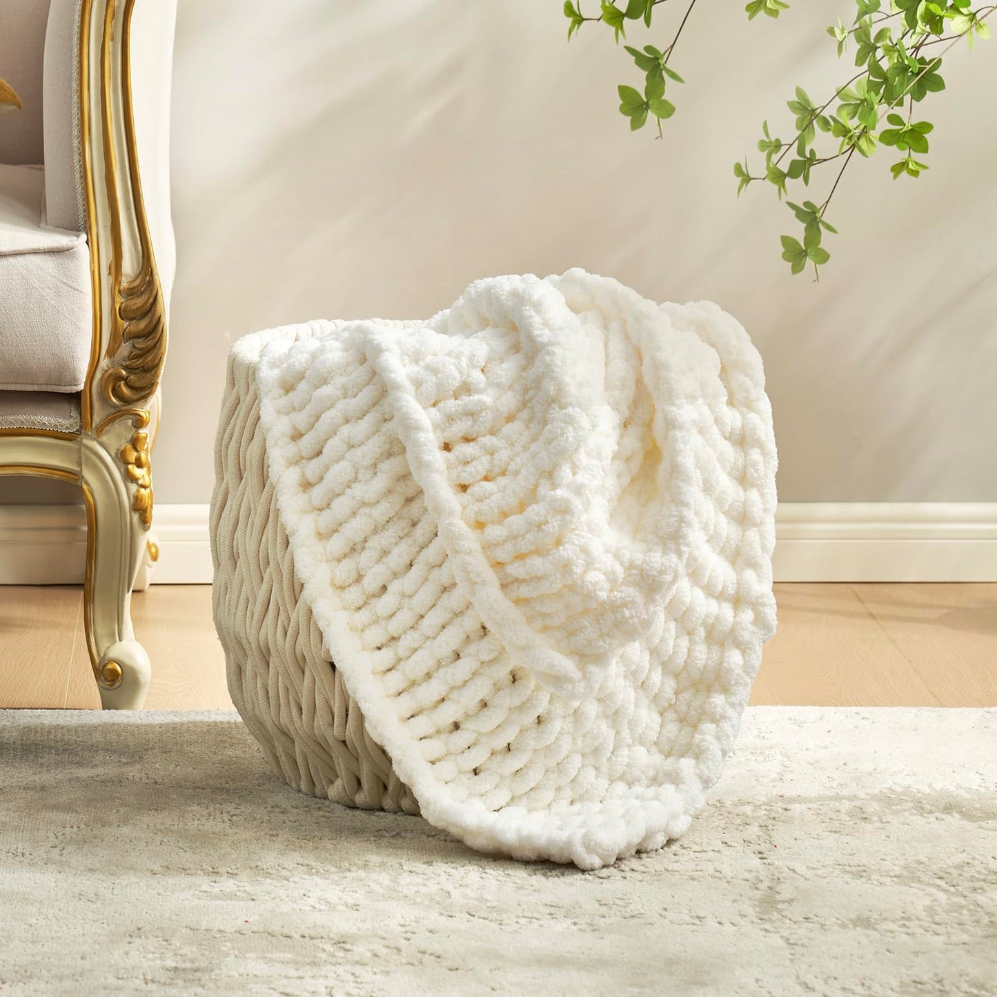 Amélie Home Chunky Knit Throw Blanket for Couch, Soft Chenille Handmade Crochet Throw Rope Knot Blanket for Couch, 50"x60", Space-Dyed Blue Striped