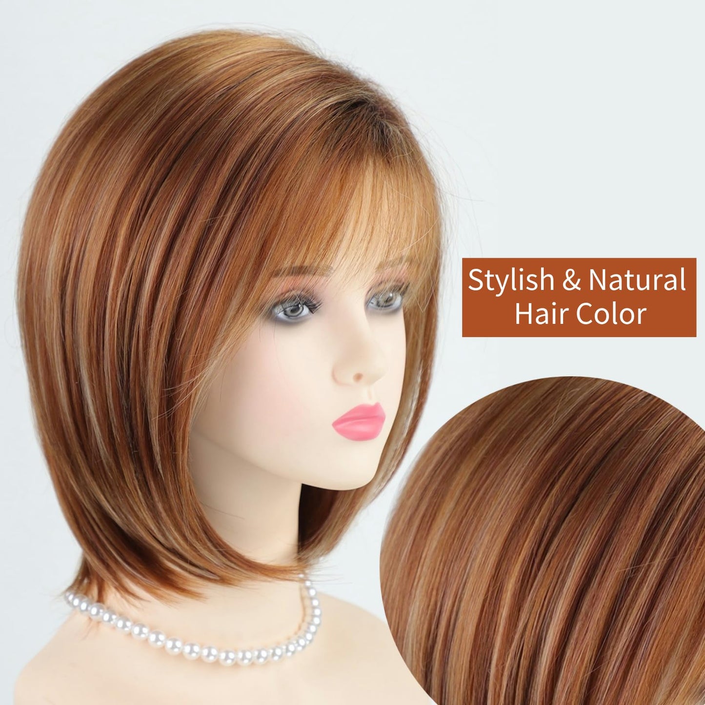 RENERSHOW Medium Length Bob Wigs for White Women Layered Blonde Highlight Straight Pixie Bob Wig with Bangs Heat Synthetic Natural Daily Party Wig 12inch Average Size Wig