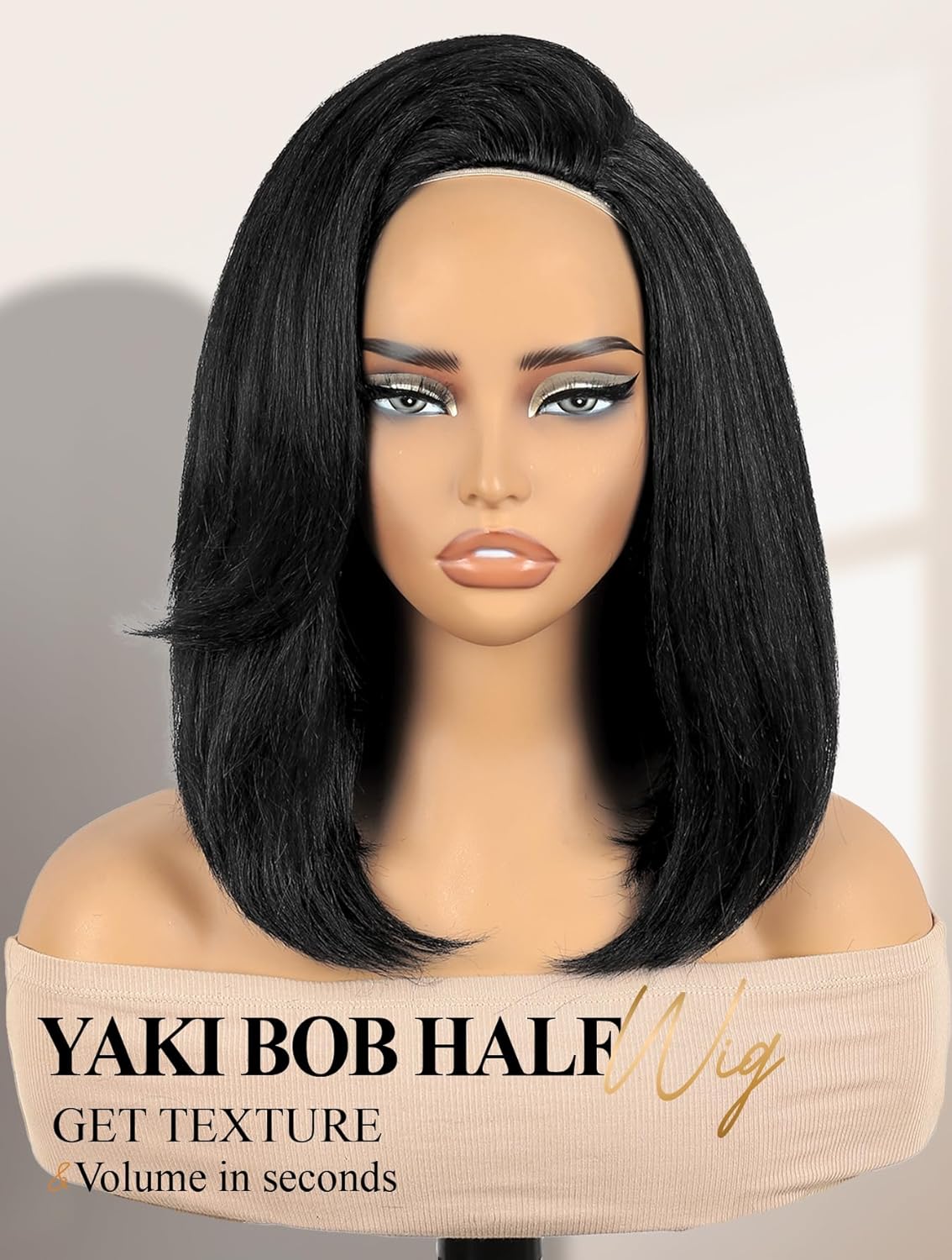 FANCEE Yaki Straight Half Wig Kinky Straight Bob Synthetic Glueless Half Wig 3 in 1 Soft Yaki Texture Bob Wigs Beginner Friendly Everyday Protective Style Natural Silk Press Look
