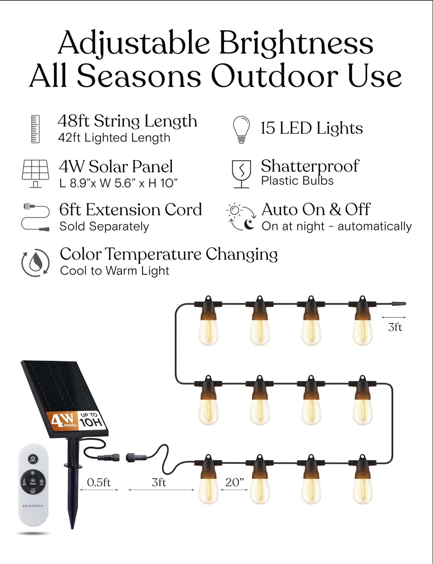 Brightech Ambience Pro Solar Powered Outdoor String Lights -27 ft Commercial Grade Waterproof Edison Patio Lights, Shatterproof LED String Lights for Outside, Porch - 12 Bulbs, 1W Soft White