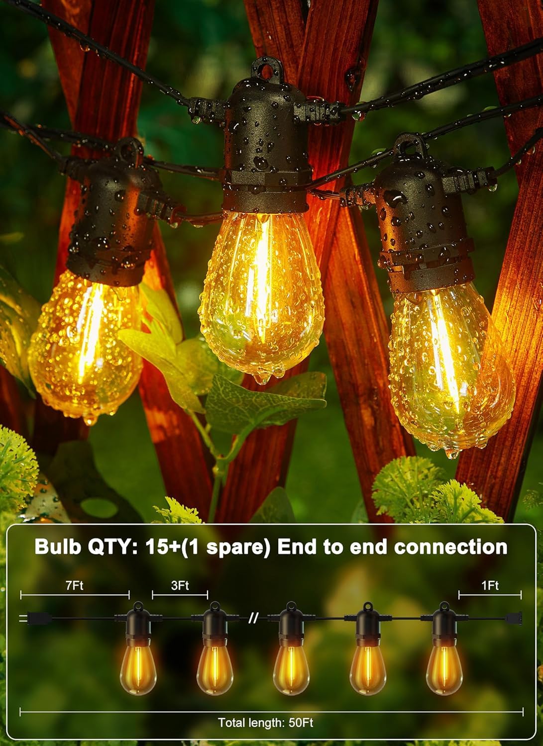 Brightown Outdoor String Lights, 50FT 25 G40 Bulbs Shatterproof Patio Lights, IP65 Waterproof Dimmable Hanging Connectable Globe LED Outdoor Lights for Backyard, Bistro, Porch, Deck, Balcony