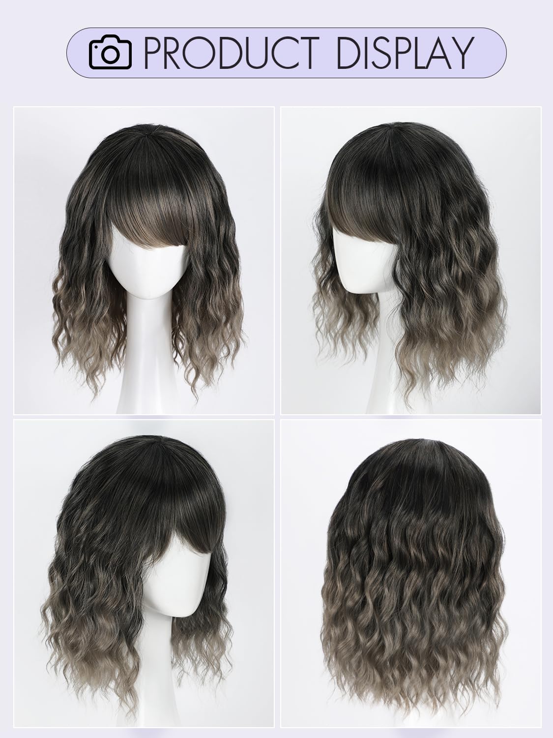 Bob Wavy Wigs for Women Reddish Caramel Brown Short Curly Hair Wig with Bangs Shoulder Length Style Synthetic Realistic Heat Resistant Wig for Everyday Hairstyle 16 Inch