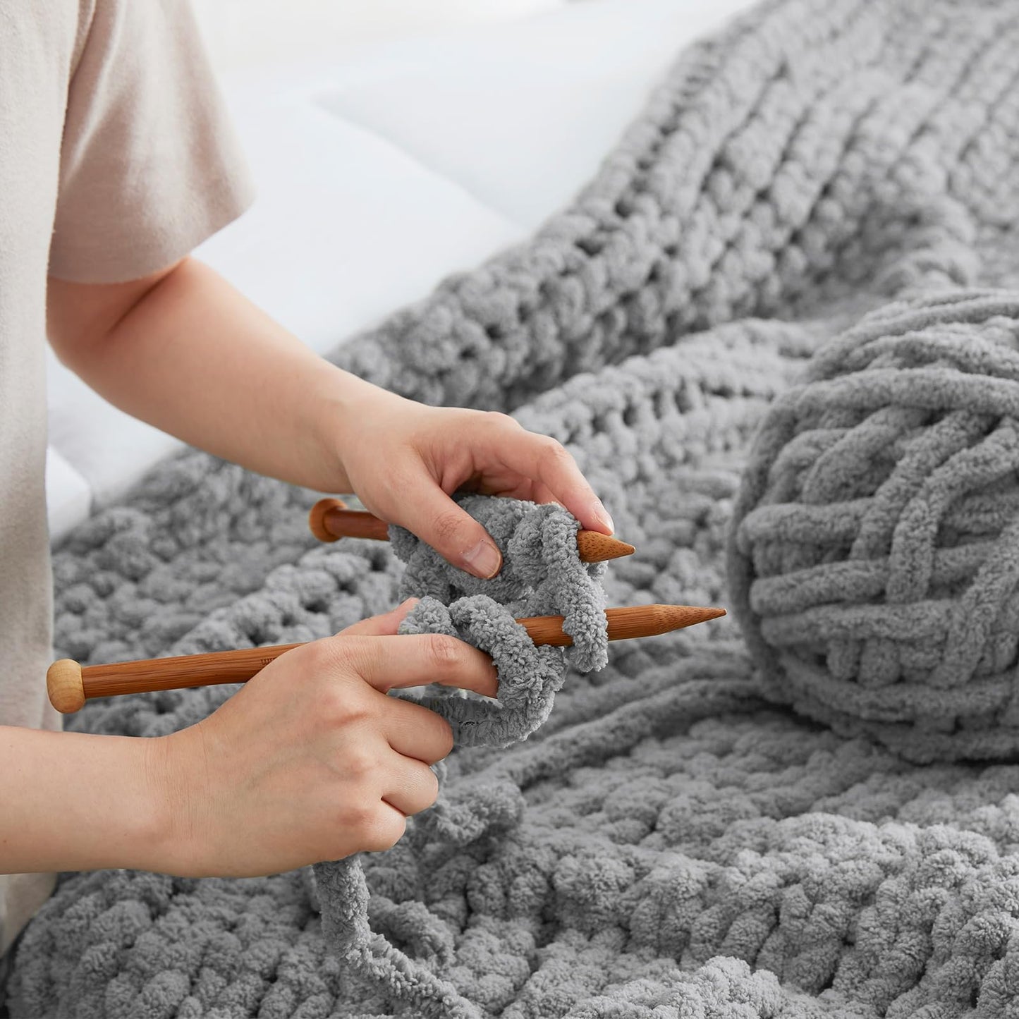 Amélie Home Chunky Knit Throw Blanket for Couch, Soft Chenille Handmade Crochet Throw Rope Knot Blanket for Couch, 50"x60", Space-Dyed Blue Striped
