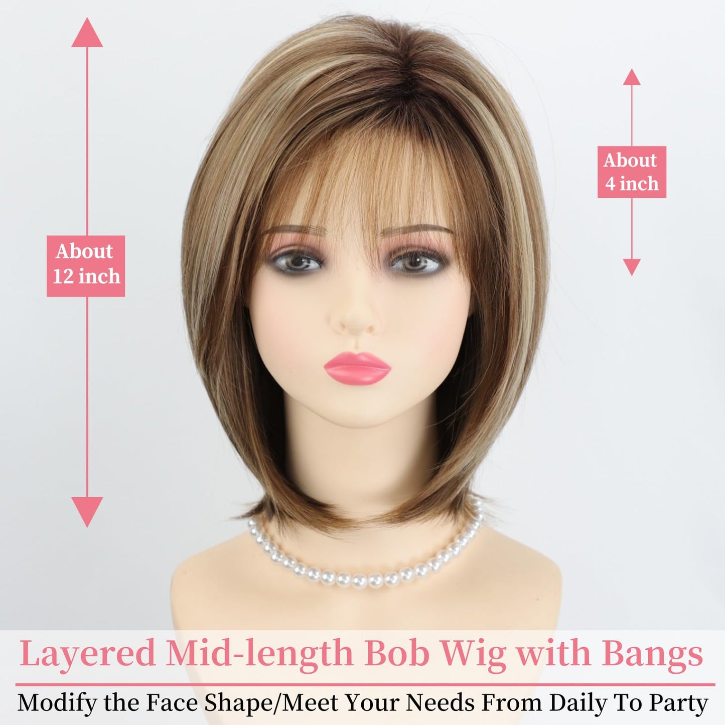 RENERSHOW Medium Length Bob Wigs for White Women Layered Blonde Highlight Straight Pixie Bob Wig with Bangs Heat Synthetic Natural Daily Party Wig 12inch Average Size Wig