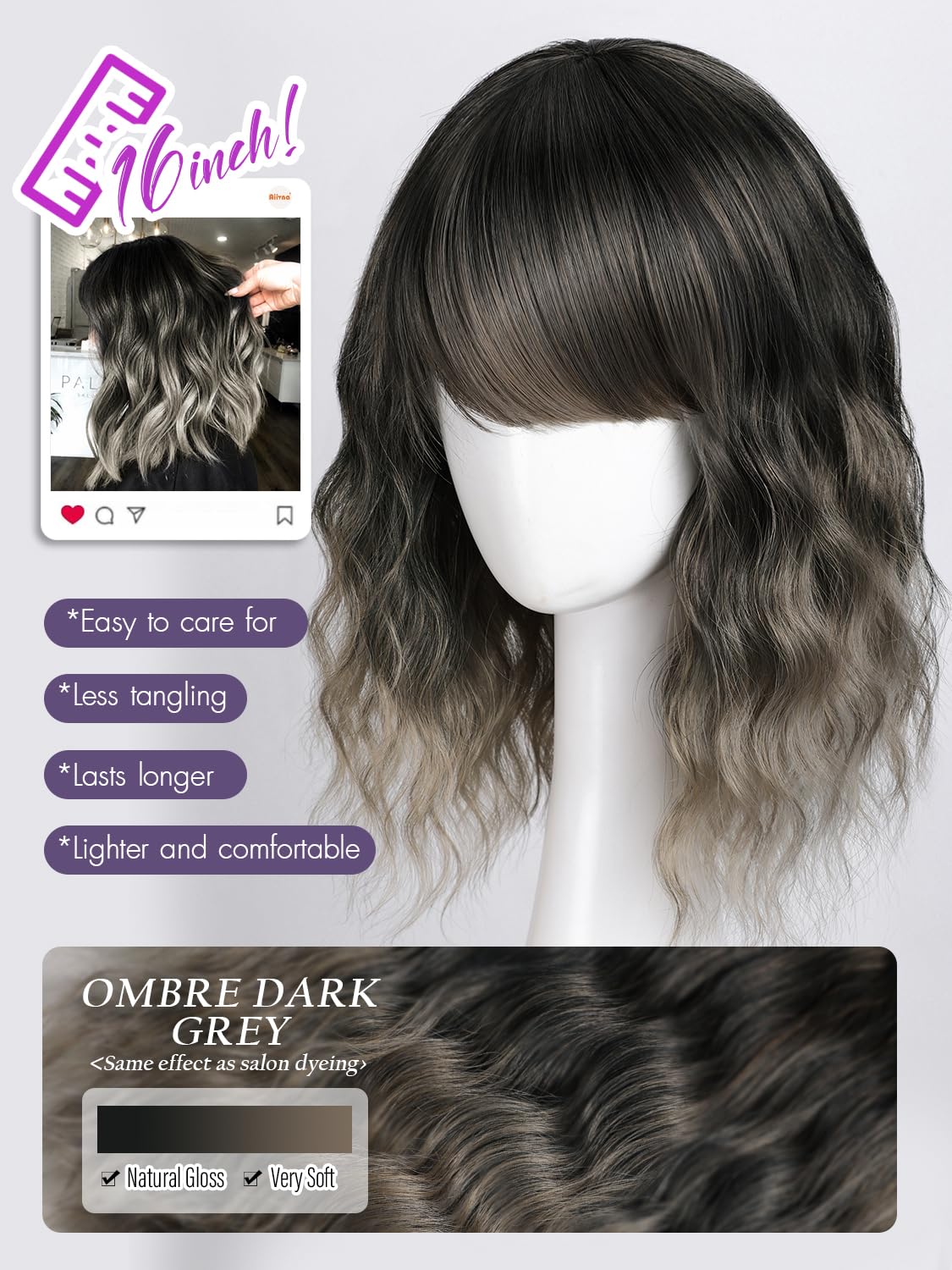 Bob Wavy Wigs for Women Reddish Caramel Brown Short Curly Hair Wig with Bangs Shoulder Length Style Synthetic Realistic Heat Resistant Wig for Everyday Hairstyle 16 Inch