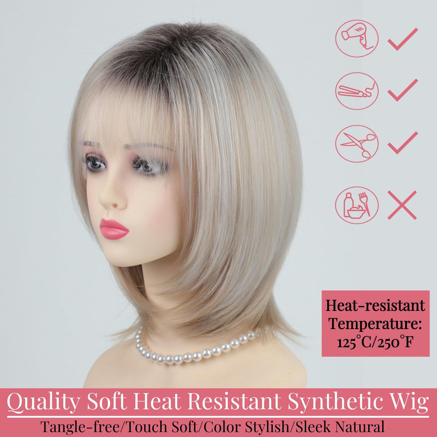 RENERSHOW Medium Length Bob Wigs for White Women Layered Blonde Highlight Straight Pixie Bob Wig with Bangs Heat Synthetic Natural Daily Party Wig 12inch Average Size Wig