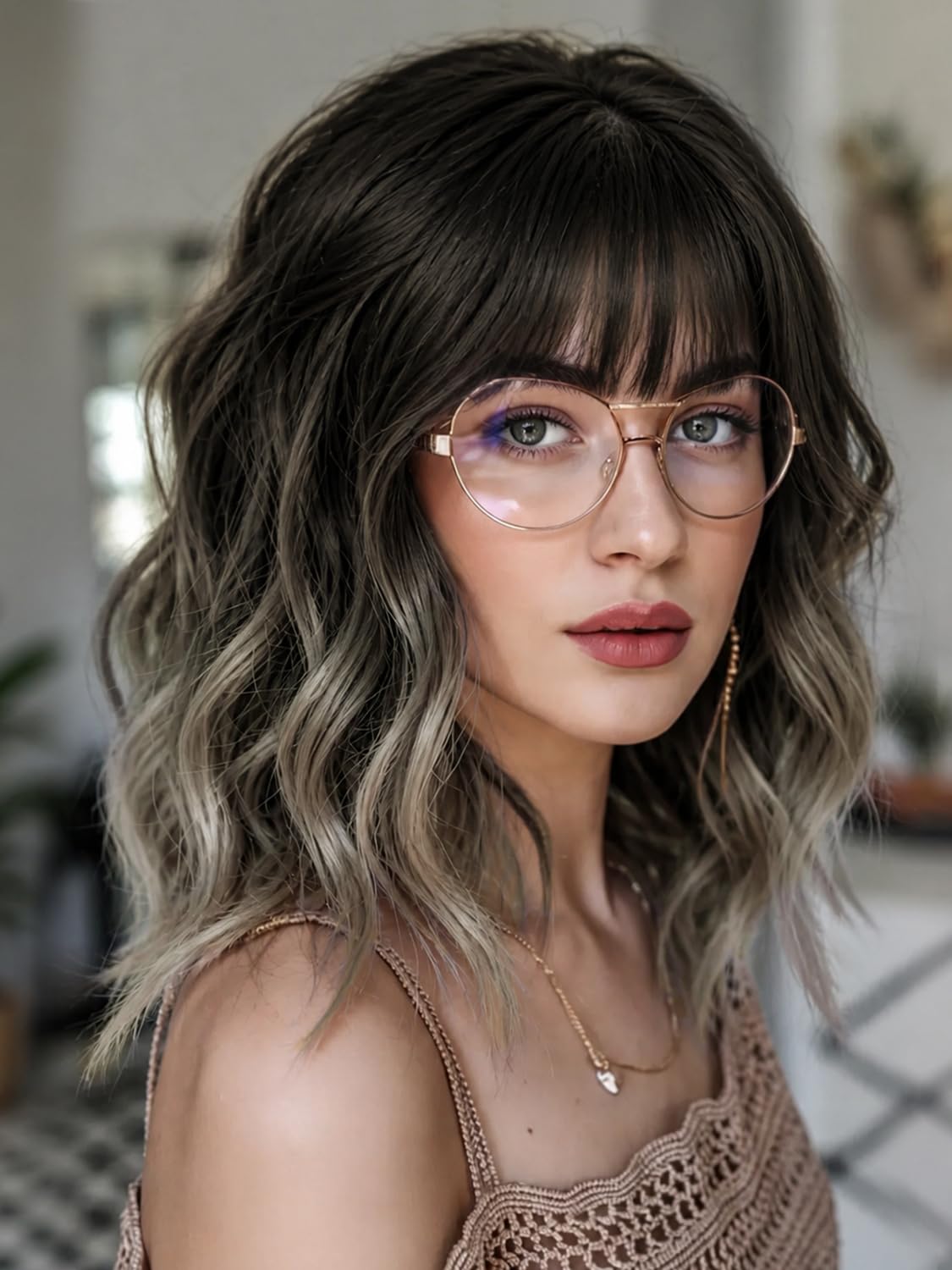 Bob Wavy Wigs for Women Reddish Caramel Brown Short Curly Hair Wig with Bangs Shoulder Length Style Synthetic Realistic Heat Resistant Wig for Everyday Hairstyle 16 Inch