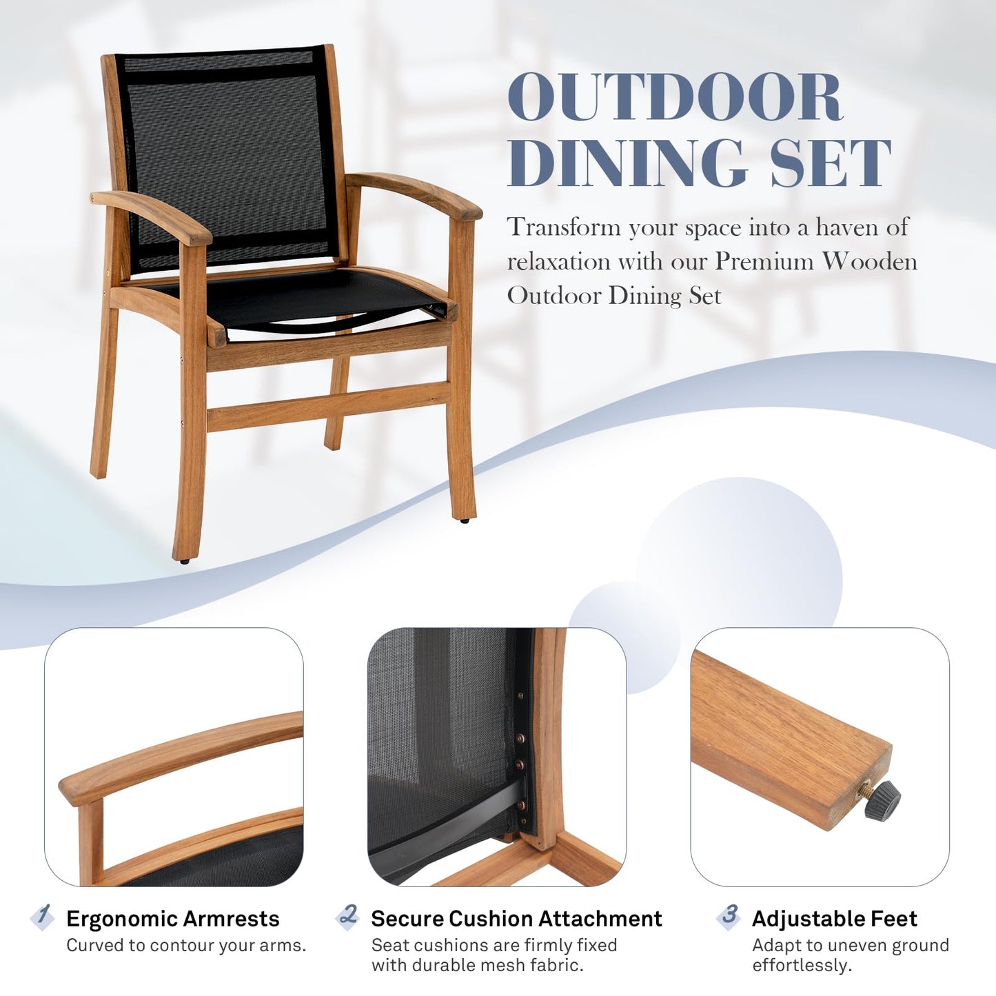 OC Orange-Casual Patio Furniture Set, Outdoor Chairs Set with Acacia Wood Frame and Metal Support Bars,Breathable Textilene Fabric Curved Armchair Support 350lbs for Lawn, Garden (Black, 2 Pieces)