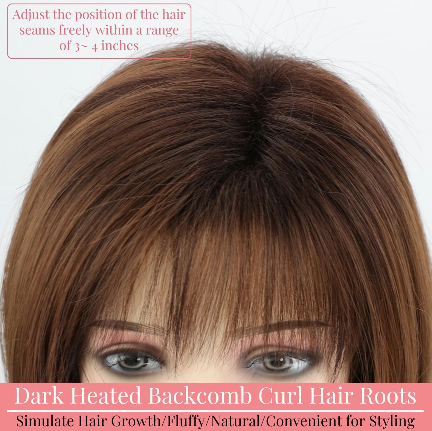 RENERSHOW Medium Length Bob Wigs for White Women Layered Blonde Highlight Straight Pixie Bob Wig with Bangs Heat Synthetic Natural Daily Party Wig 12inch Average Size Wig