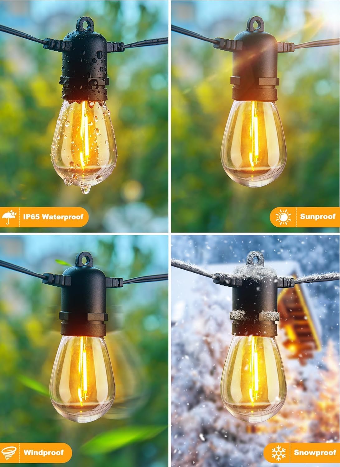 Brightown Outdoor String Lights, 50FT 25 G40 Bulbs Shatterproof Patio Lights, IP65 Waterproof Dimmable Hanging Connectable Globe LED Outdoor Lights for Backyard, Bistro, Porch, Deck, Balcony