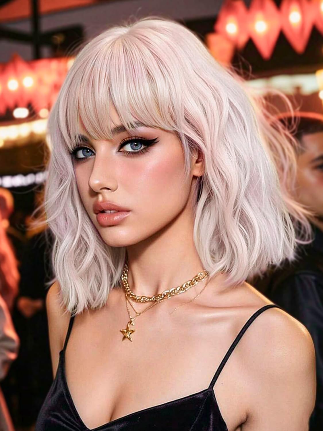 Bob Wavy Wigs for Women Reddish Caramel Brown Short Curly Hair Wig with Bangs Shoulder Length Style Synthetic Realistic Heat Resistant Wig for Everyday Hairstyle 16 Inch