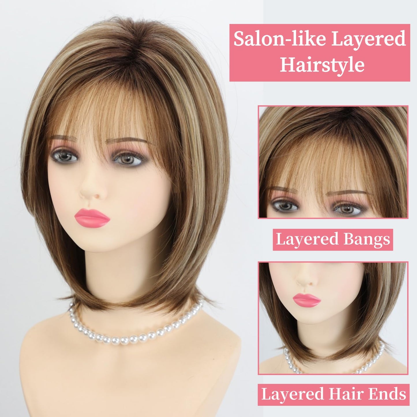 RENERSHOW Medium Length Bob Wigs for White Women Layered Blonde Highlight Straight Pixie Bob Wig with Bangs Heat Synthetic Natural Daily Party Wig 12inch Average Size Wig