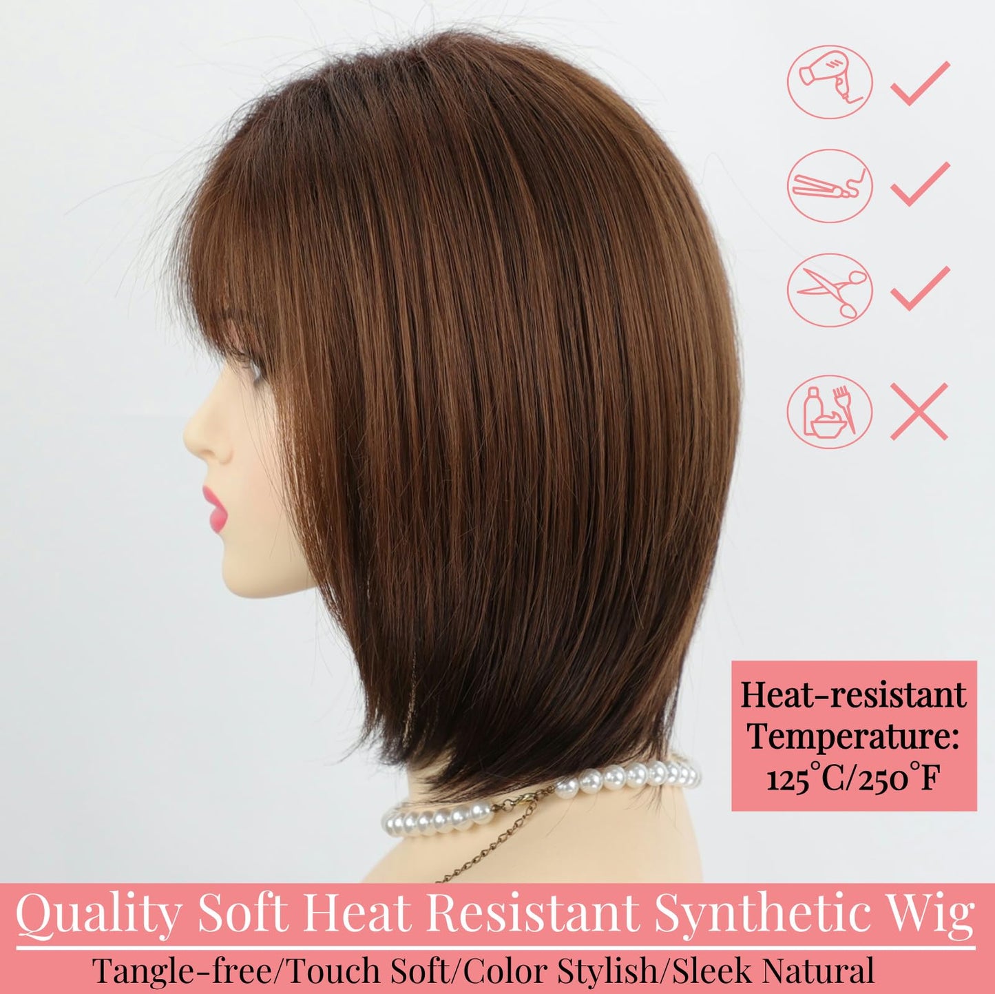 RENERSHOW Medium Length Bob Wigs for White Women Layered Blonde Highlight Straight Pixie Bob Wig with Bangs Heat Synthetic Natural Daily Party Wig 12inch Average Size Wig