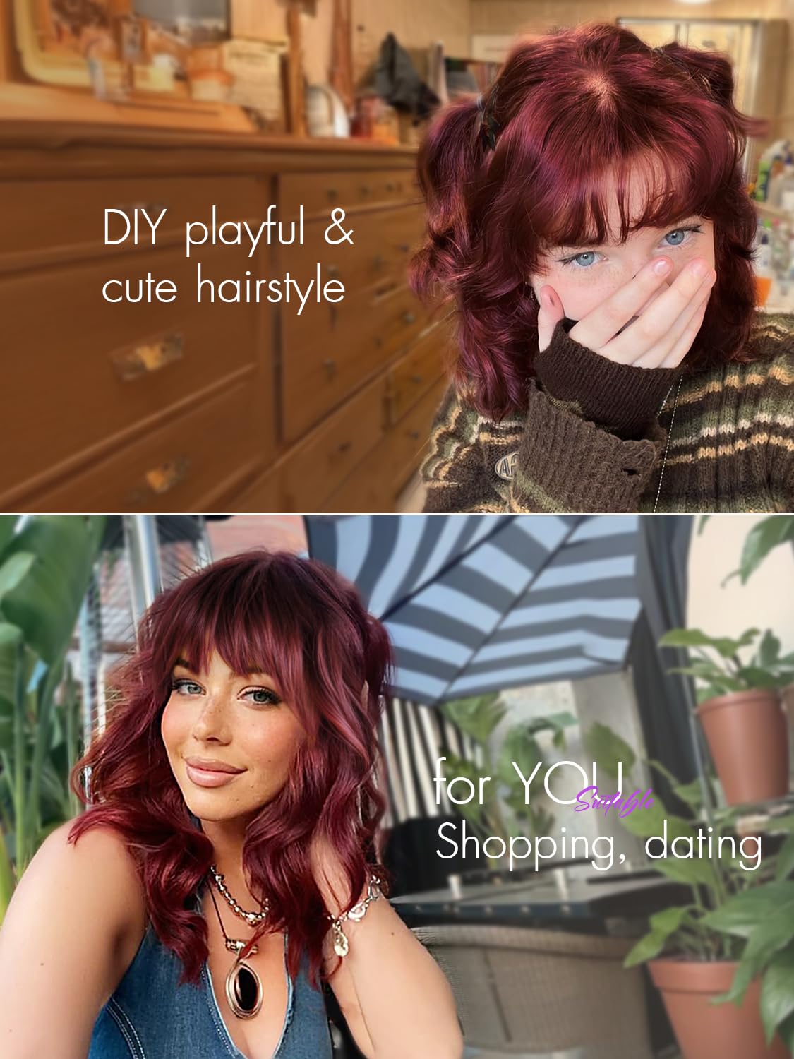 Bob Wavy Wigs for Women Reddish Caramel Brown Short Curly Hair Wig with Bangs Shoulder Length Style Synthetic Realistic Heat Resistant Wig for Everyday Hairstyle 16 Inch