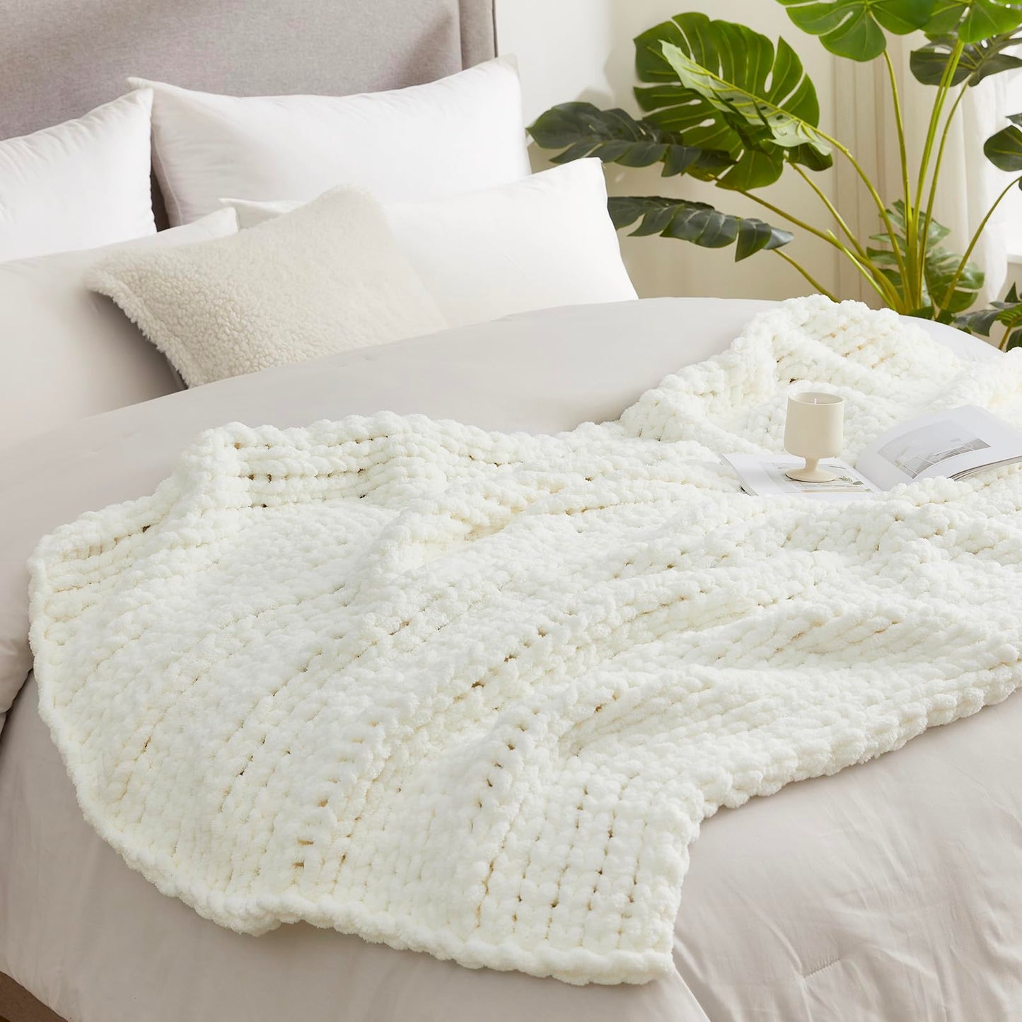 Amélie Home Chunky Knit Throw Blanket for Couch, Soft Chenille Handmade Crochet Throw Rope Knot Blanket for Couch, 50"x60", Space-Dyed Blue Striped
