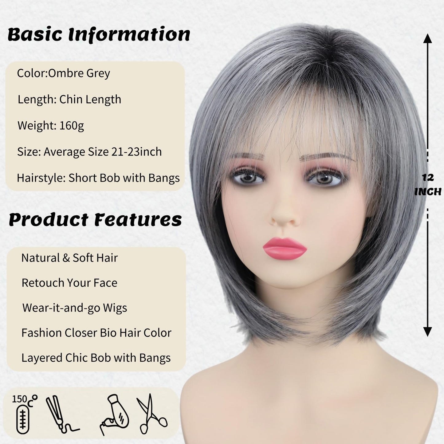 RENERSHOW Medium Length Bob Wigs for White Women Layered Blonde Highlight Straight Pixie Bob Wig with Bangs Heat Synthetic Natural Daily Party Wig 12inch Average Size Wig