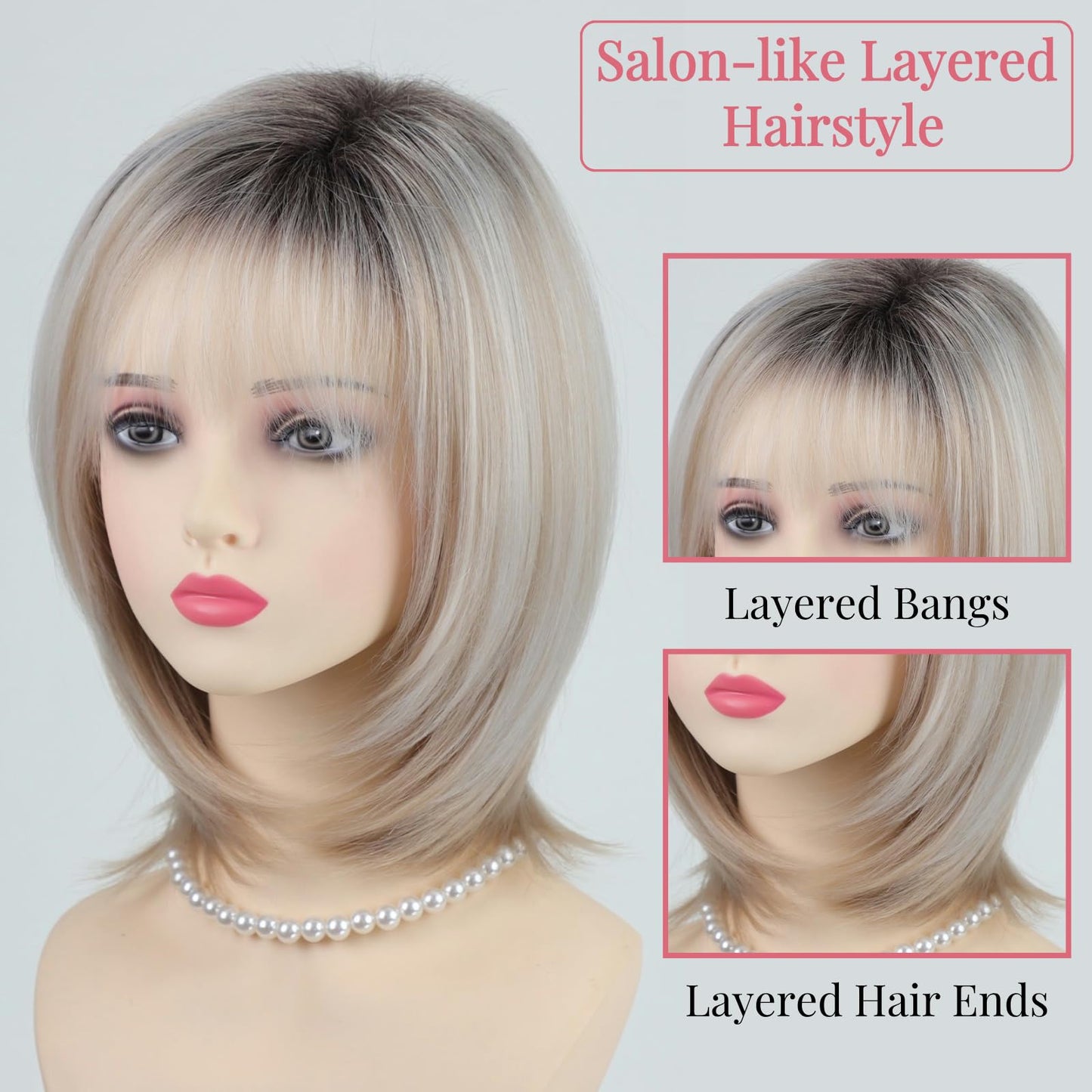 RENERSHOW Medium Length Bob Wigs for White Women Layered Blonde Highlight Straight Pixie Bob Wig with Bangs Heat Synthetic Natural Daily Party Wig 12inch Average Size Wig