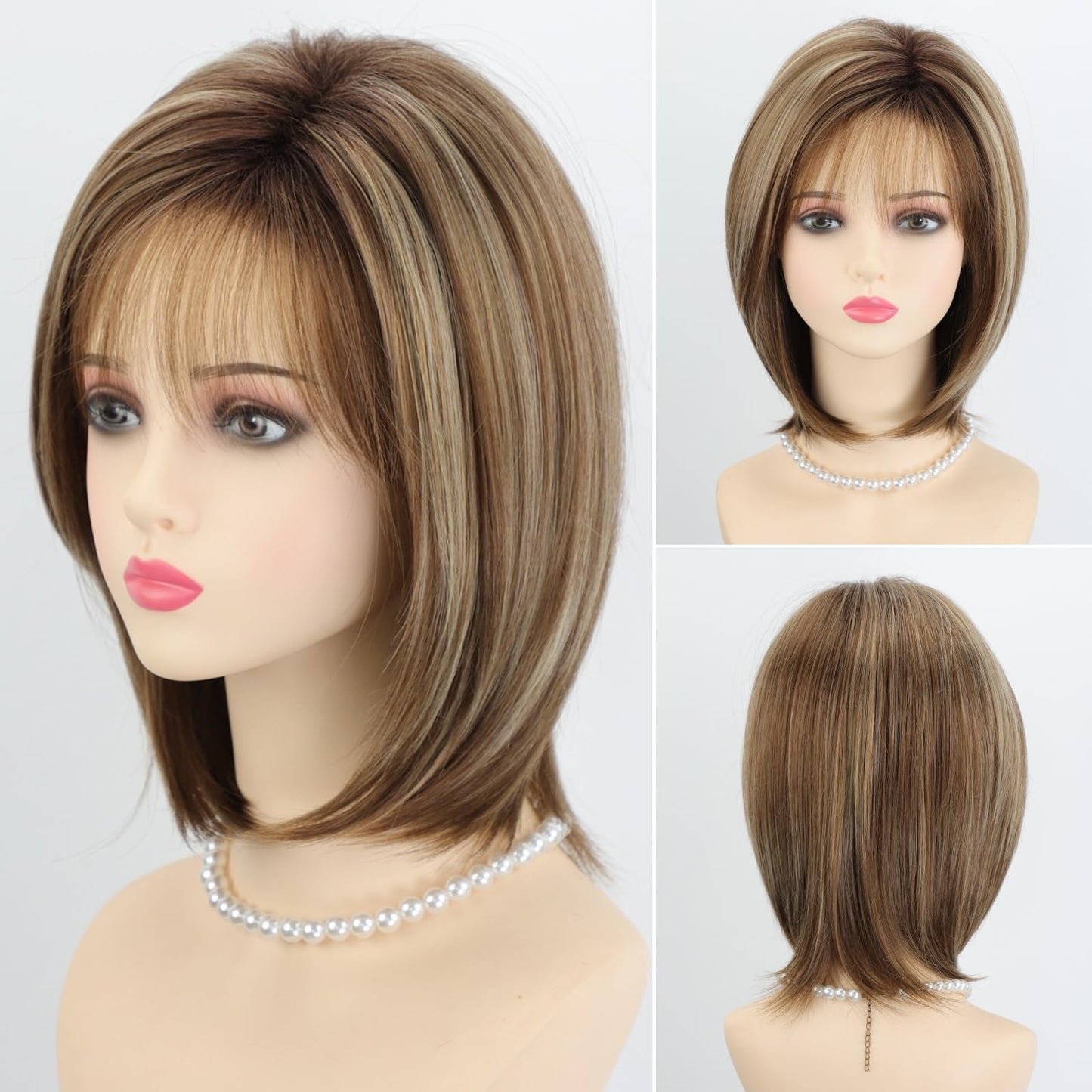 RENERSHOW Medium Length Bob Wigs for White Women Layered Blonde Highlight Straight Pixie Bob Wig with Bangs Heat Synthetic Natural Daily Party Wig 12inch Average Size Wig