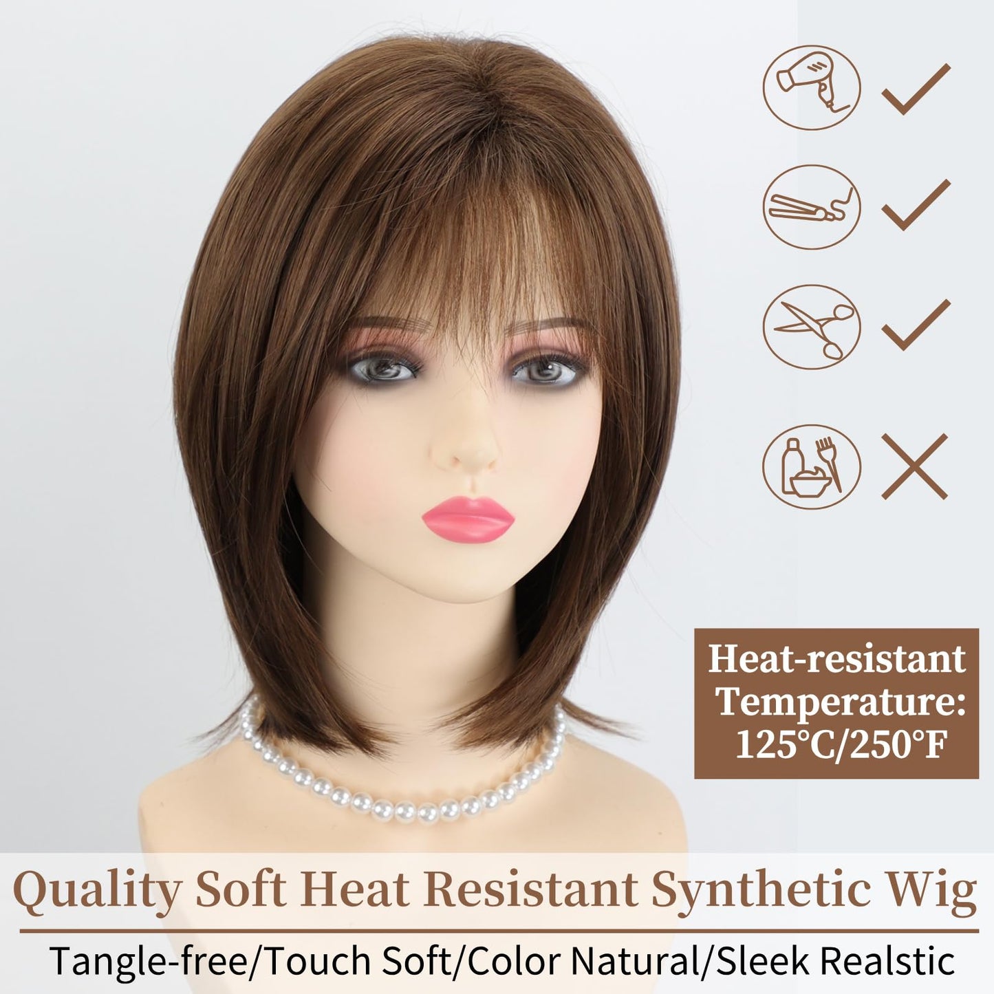 RENERSHOW Medium Length Bob Wigs for White Women Layered Blonde Highlight Straight Pixie Bob Wig with Bangs Heat Synthetic Natural Daily Party Wig 12inch Average Size Wig