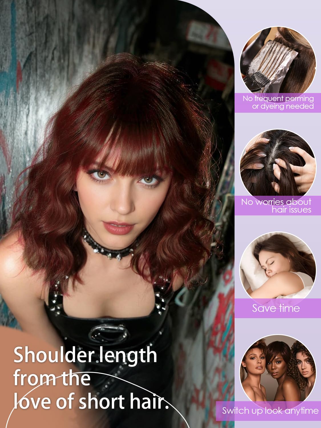 Bob Wavy Wigs for Women Reddish Caramel Brown Short Curly Hair Wig with Bangs Shoulder Length Style Synthetic Realistic Heat Resistant Wig for Everyday Hairstyle 16 Inch