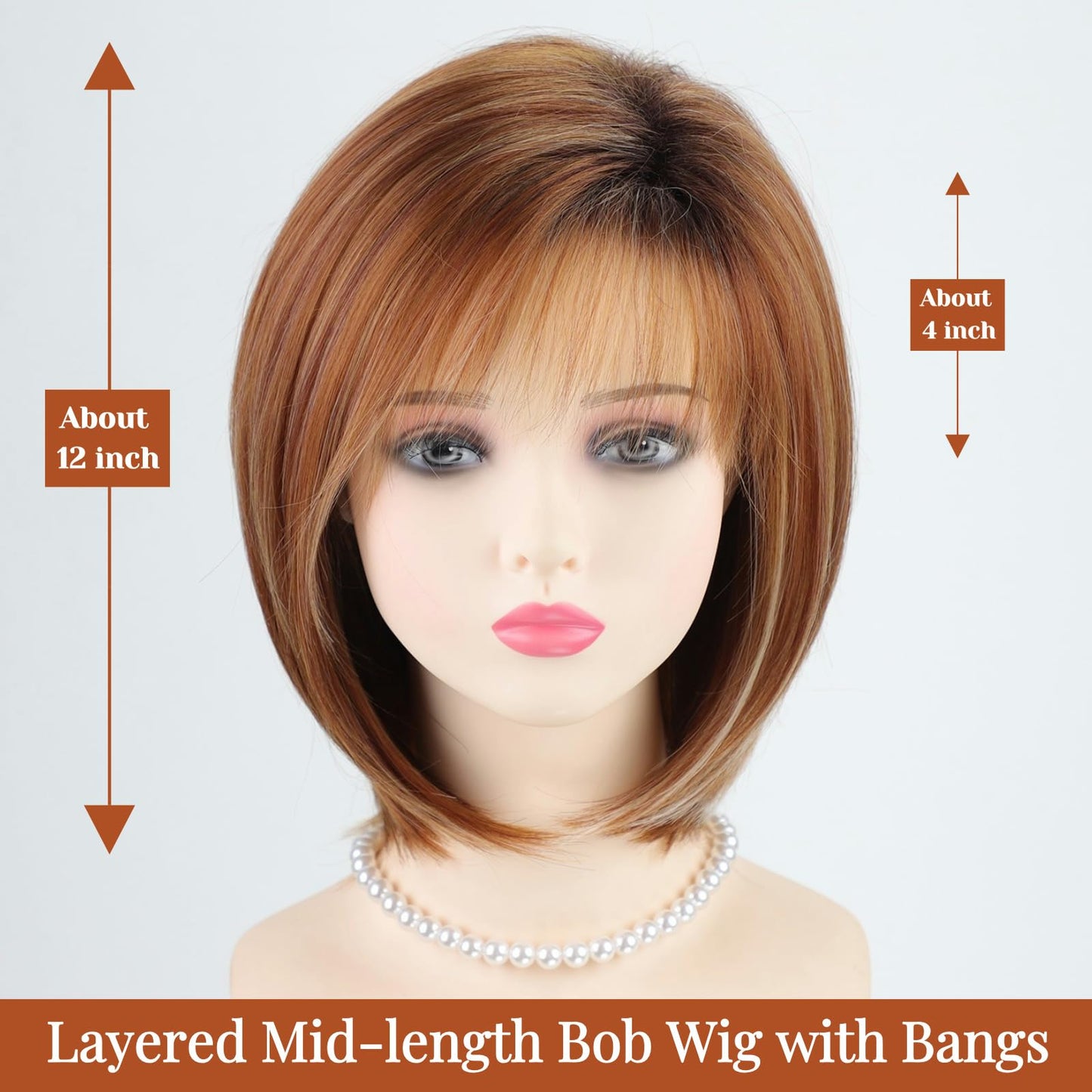 RENERSHOW Medium Length Bob Wigs for White Women Layered Blonde Highlight Straight Pixie Bob Wig with Bangs Heat Synthetic Natural Daily Party Wig 12inch Average Size Wig