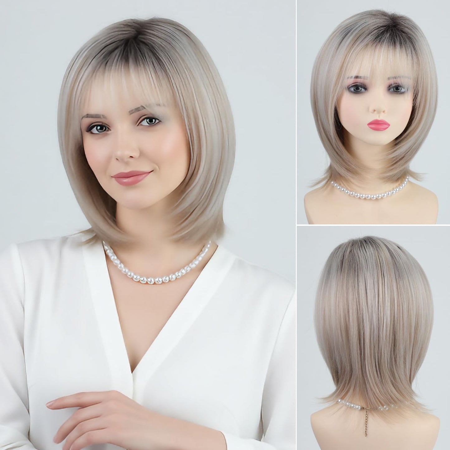 RENERSHOW Medium Length Bob Wigs for White Women Layered Blonde Highlight Straight Pixie Bob Wig with Bangs Heat Synthetic Natural Daily Party Wig 12inch Average Size Wig