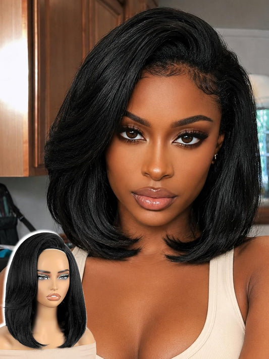 FANCEE Yaki Straight Half Wig Kinky Straight Bob Synthetic Glueless Half Wig 3 in 1 Soft Yaki Texture Bob Wigs Beginner Friendly Everyday Protective Style Natural Silk Press Look