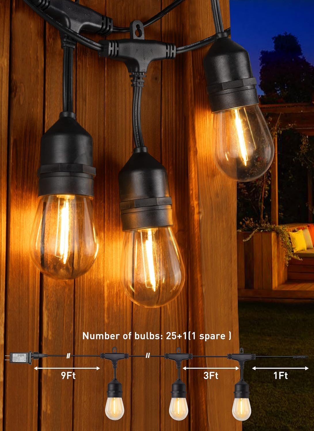 Brightown Outdoor String Lights, 50FT 25 G40 Bulbs Shatterproof Patio Lights, IP65 Waterproof Dimmable Hanging Connectable Globe LED Outdoor Lights for Backyard, Bistro, Porch, Deck, Balcony