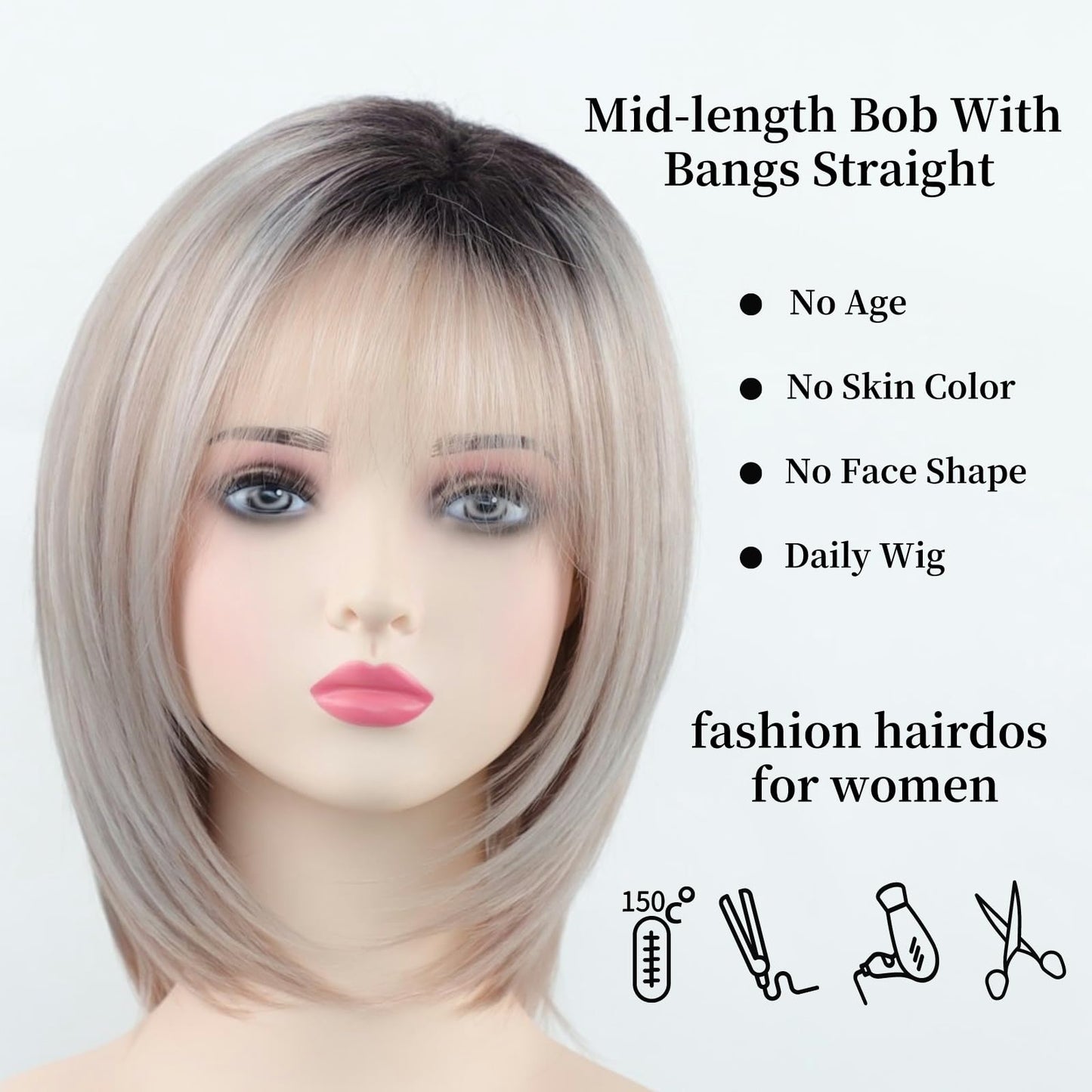 RENERSHOW Medium Length Bob Wigs for White Women Layered Blonde Highlight Straight Pixie Bob Wig with Bangs Heat Synthetic Natural Daily Party Wig 12inch Average Size Wig