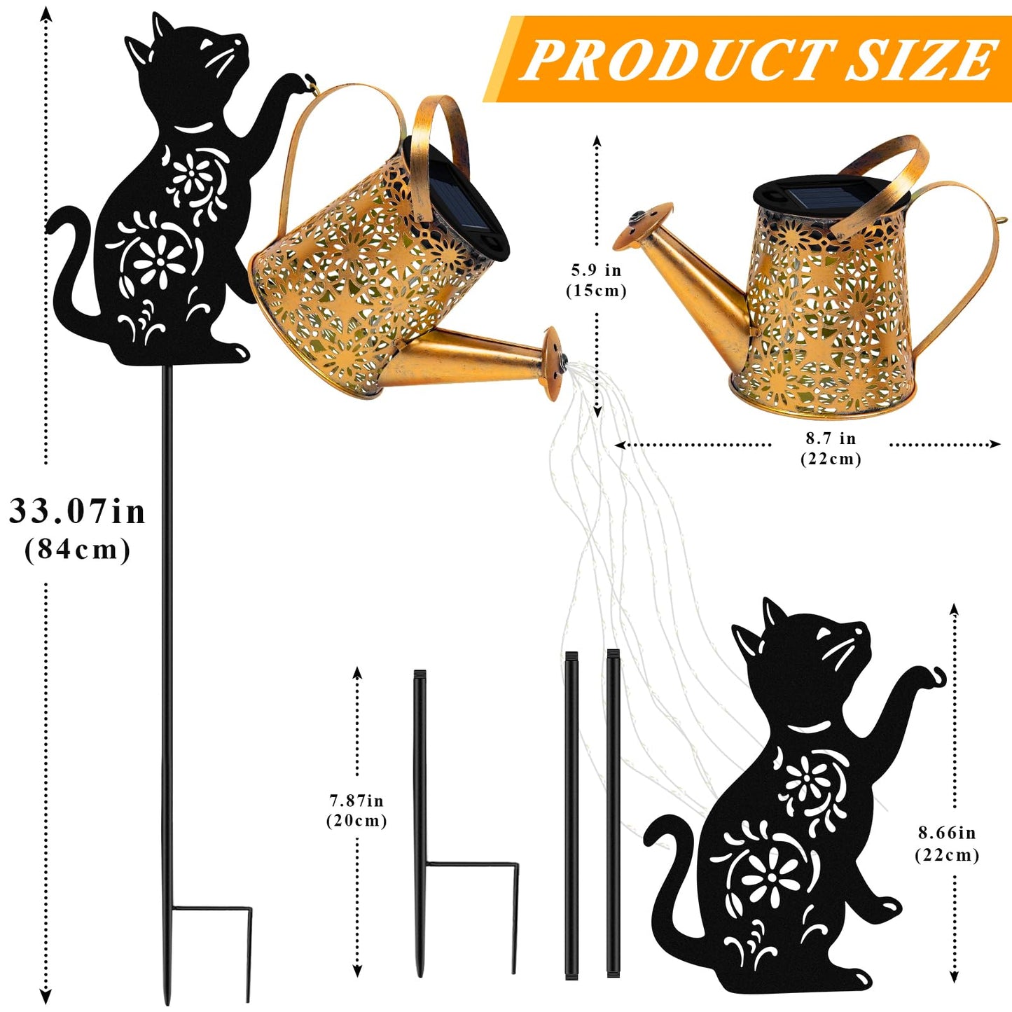 Solar Lights Outdoor Decorative, Watering Can with Cascading Lights, with Dog Silhouette Garden Stakes, Gifts for Mom Women, Waterproof Metal Garden Decor for Yard Art, Outside(1 Pack)