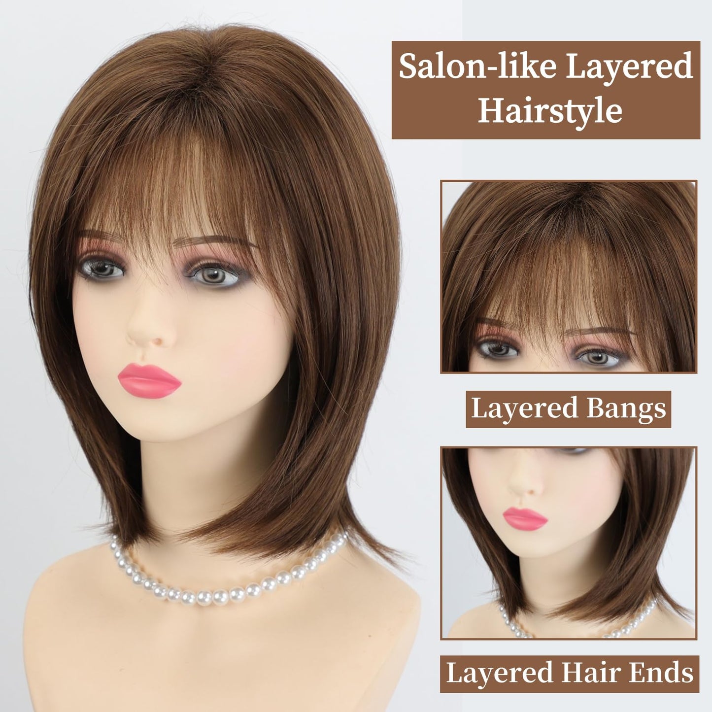 RENERSHOW Medium Length Bob Wigs for White Women Layered Blonde Highlight Straight Pixie Bob Wig with Bangs Heat Synthetic Natural Daily Party Wig 12inch Average Size Wig