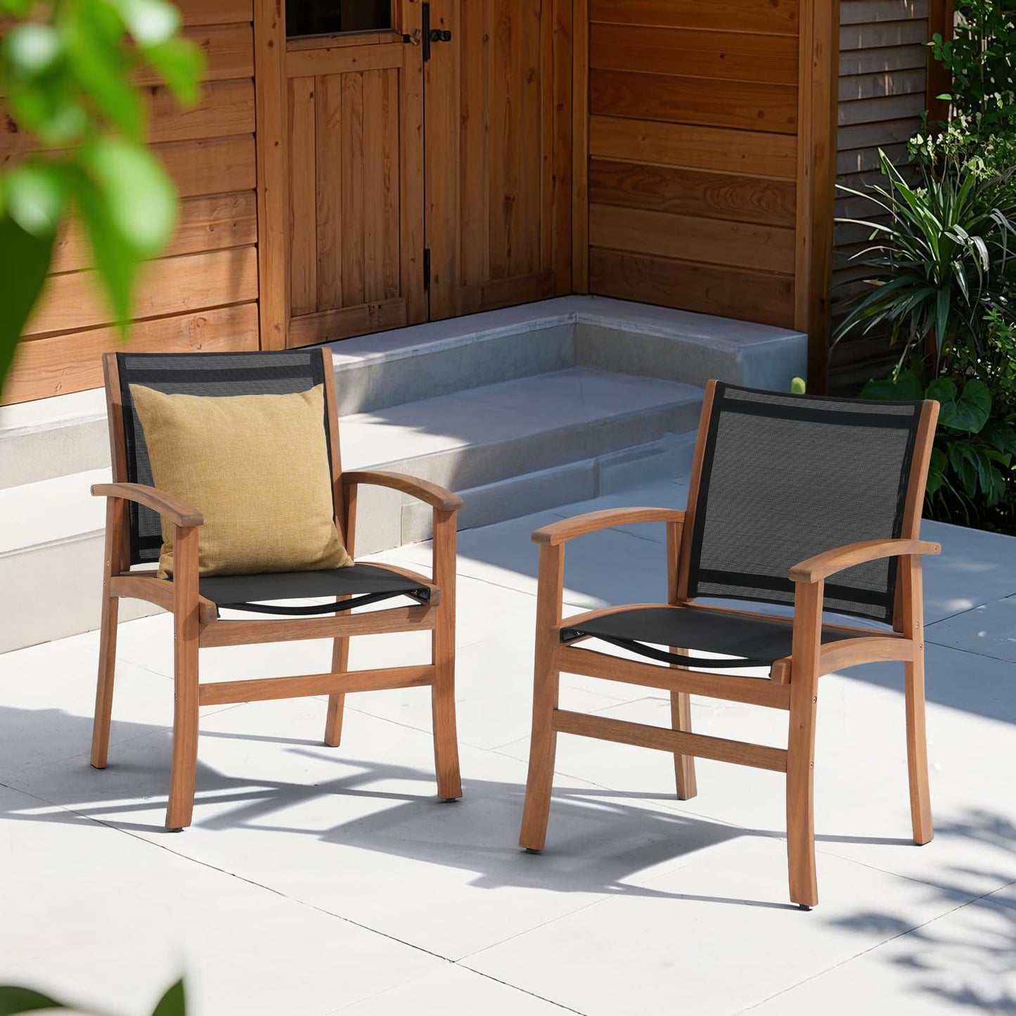 OC Orange-Casual Patio Furniture Set, Outdoor Chairs Set with Acacia Wood Frame and Metal Support Bars,Breathable Textilene Fabric Curved Armchair Support 350lbs for Lawn, Garden (Black, 2 Pieces)