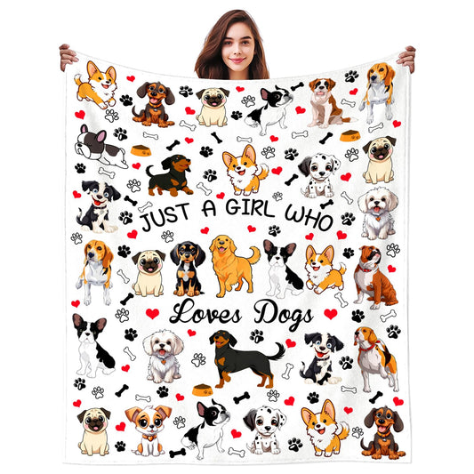 Dog Gifts for Girls Women Puppy Plush Just A Girl Who Loves Dogs Print Throw Blanket Stuff Cute Puppys Themed Dog Blanket for Girls Women Kids Dogs Lovers Birthday Decorations Bed Room Decor 50"X40"