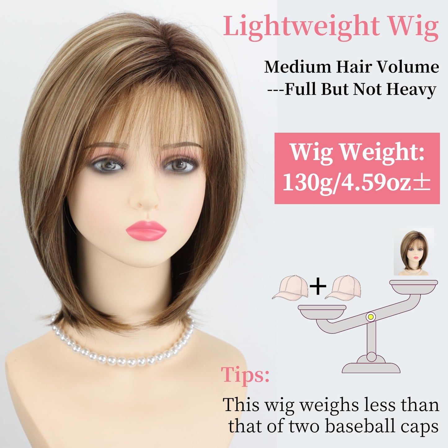 RENERSHOW Medium Length Bob Wigs for White Women Layered Blonde Highlight Straight Pixie Bob Wig with Bangs Heat Synthetic Natural Daily Party Wig 12inch Average Size Wig