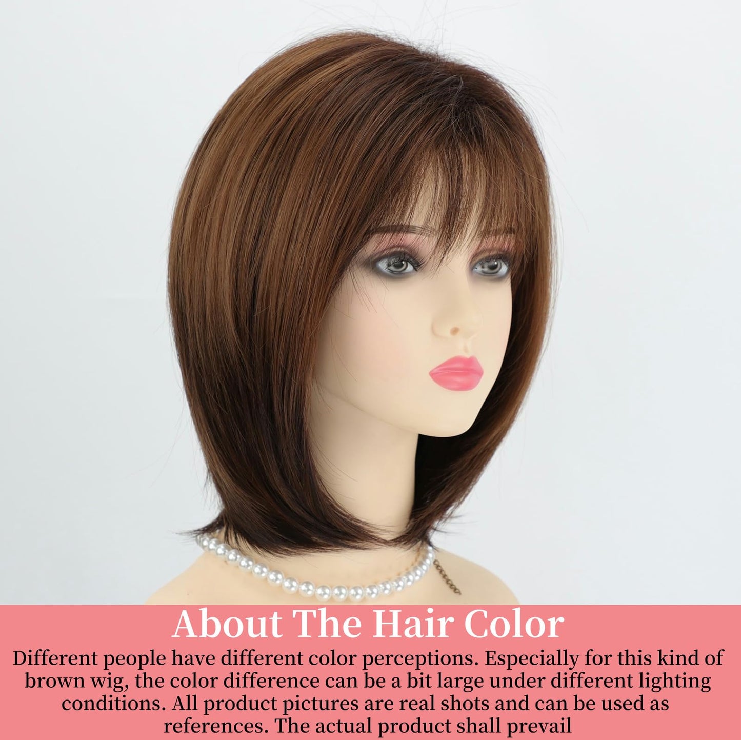 RENERSHOW Medium Length Bob Wigs for White Women Layered Blonde Highlight Straight Pixie Bob Wig with Bangs Heat Synthetic Natural Daily Party Wig 12inch Average Size Wig