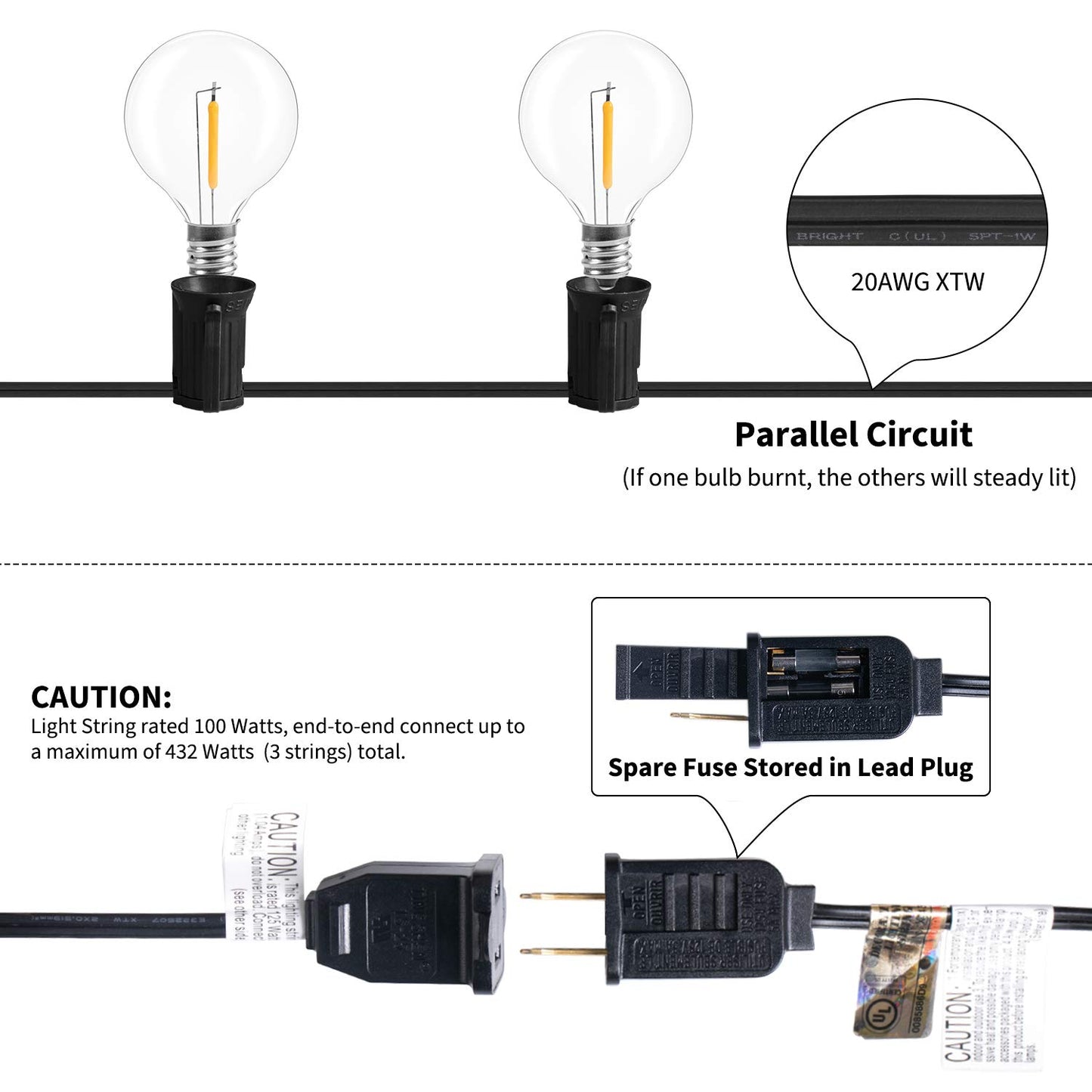 Brightown Outdoor String Lights, 50FT 25 G40 Bulbs Shatterproof Patio Lights, IP65 Waterproof Dimmable Hanging Connectable Globe LED Outdoor Lights for Backyard, Bistro, Porch, Deck, Balcony