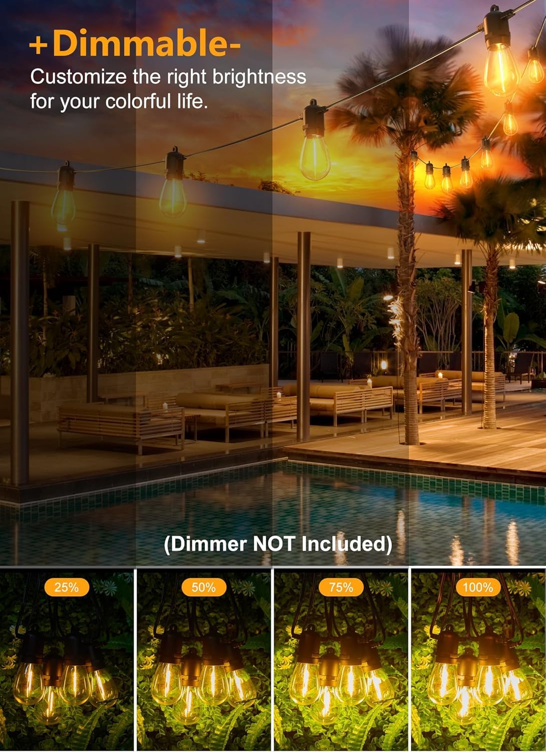 Brightown Outdoor String Lights, 50FT 25 G40 Bulbs Shatterproof Patio Lights, IP65 Waterproof Dimmable Hanging Connectable Globe LED Outdoor Lights for Backyard, Bistro, Porch, Deck, Balcony