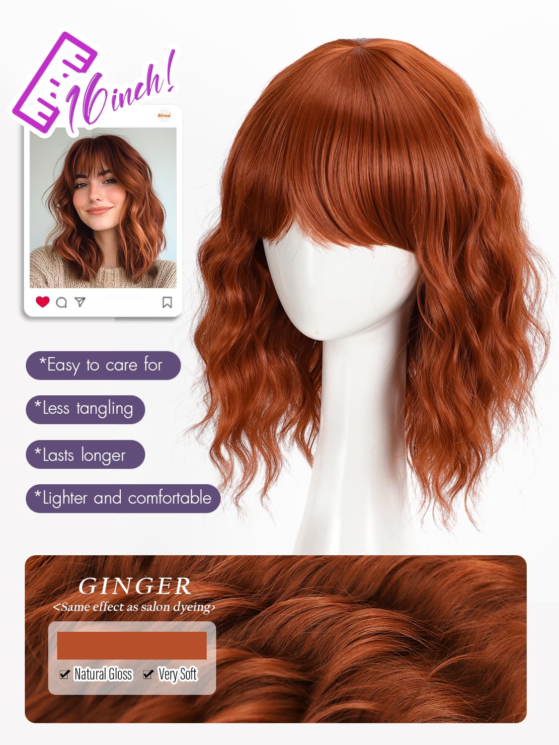 Bob Wavy Wigs for Women Reddish Caramel Brown Short Curly Hair Wig with Bangs Shoulder Length Style Synthetic Realistic Heat Resistant Wig for Everyday Hairstyle 16 Inch