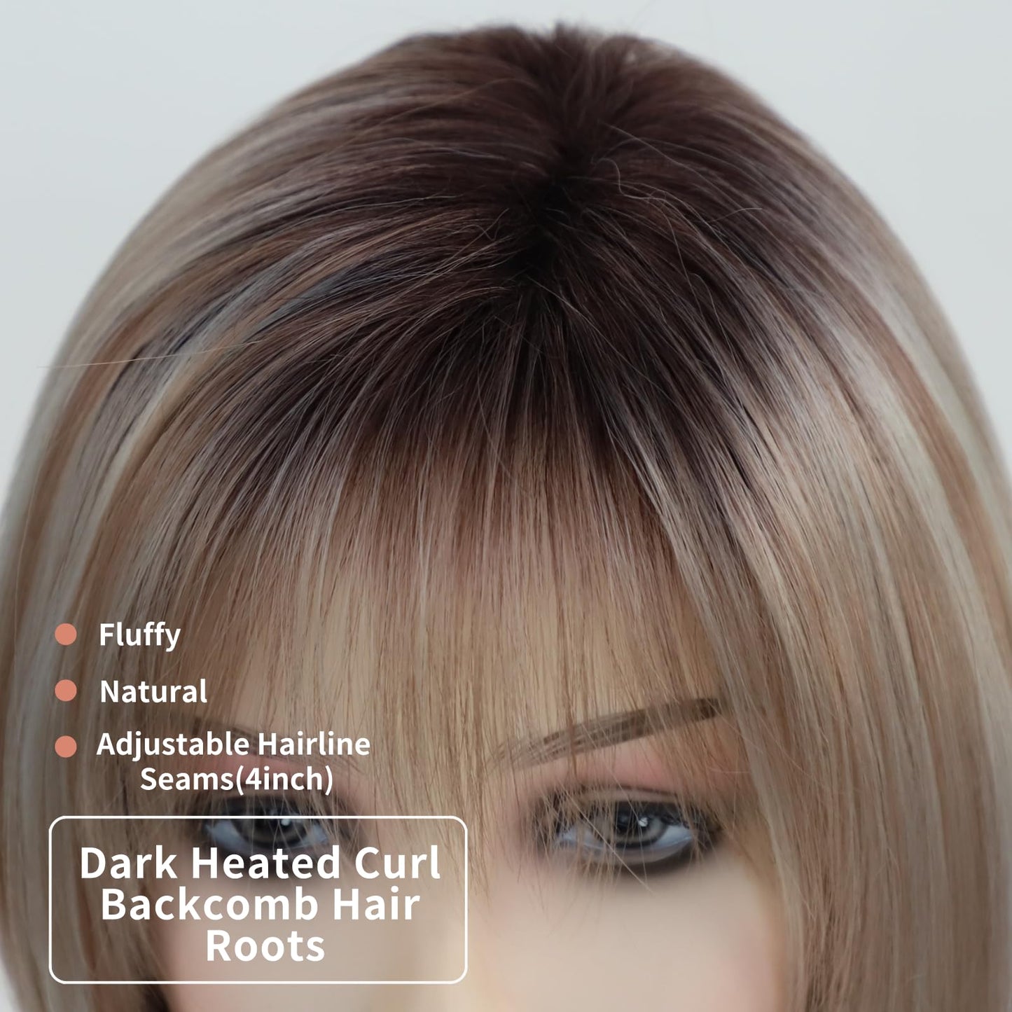 RENERSHOW Medium Length Bob Wigs for White Women Layered Blonde Highlight Straight Pixie Bob Wig with Bangs Heat Synthetic Natural Daily Party Wig 12inch Average Size Wig