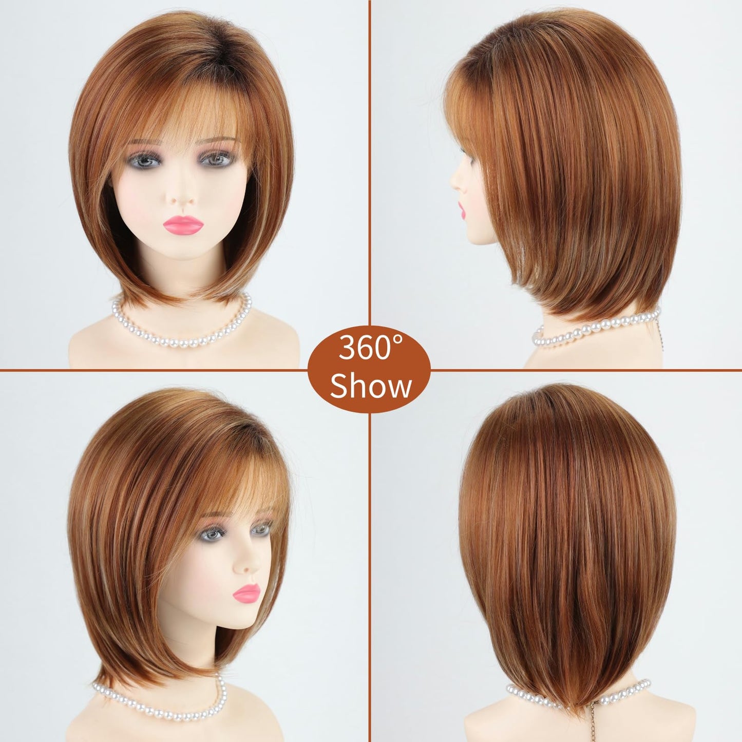 RENERSHOW Medium Length Bob Wigs for White Women Layered Blonde Highlight Straight Pixie Bob Wig with Bangs Heat Synthetic Natural Daily Party Wig 12inch Average Size Wig