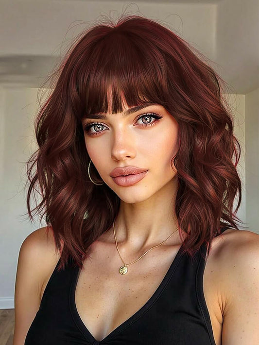 Bob Wavy Wigs for Women Reddish Caramel Brown Short Curly Hair Wig with Bangs Shoulder Length Style Synthetic Realistic Heat Resistant Wig for Everyday Hairstyle 16 Inch