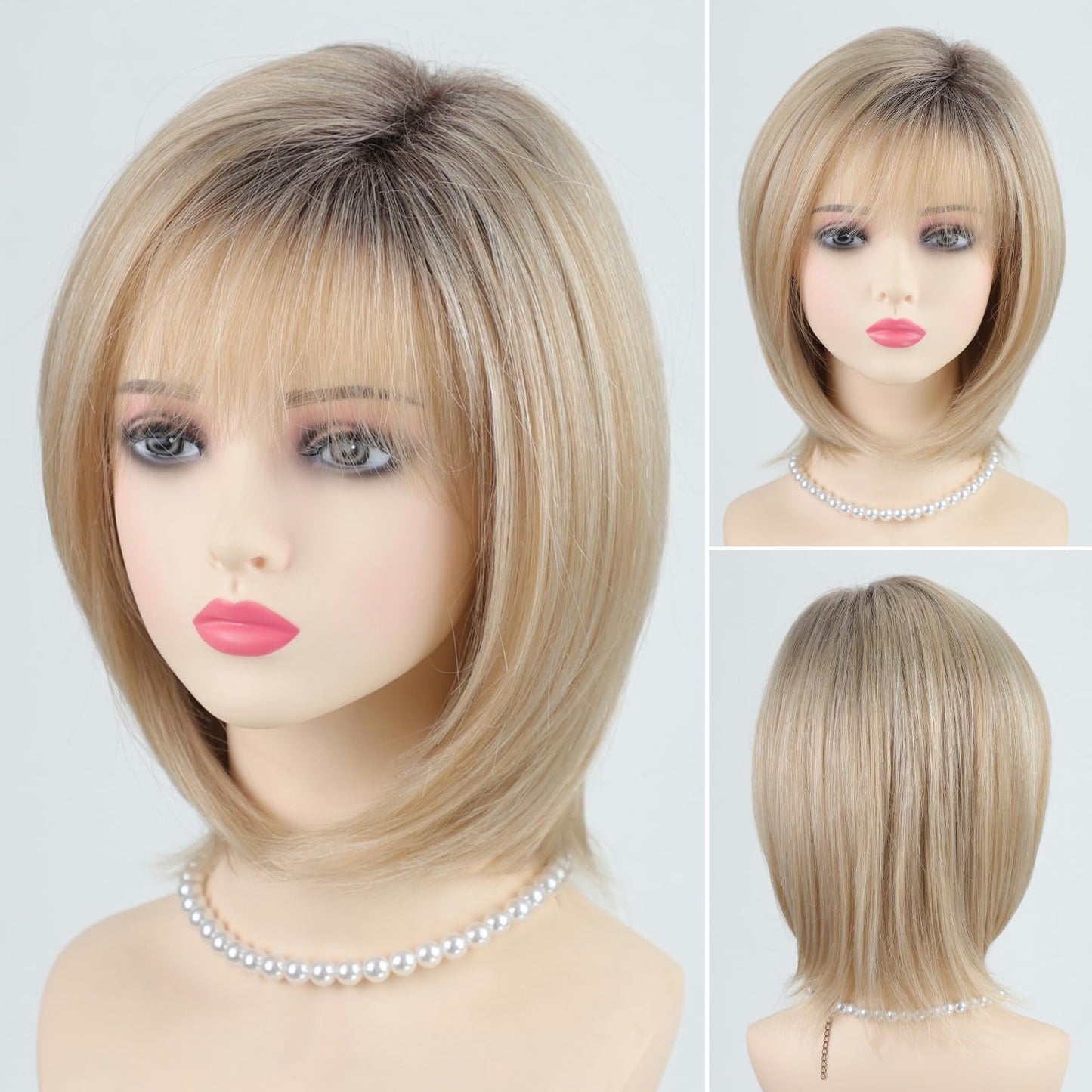 RENERSHOW Medium Length Bob Wigs for White Women Layered Blonde Highlight Straight Pixie Bob Wig with Bangs Heat Synthetic Natural Daily Party Wig 12inch Average Size Wig