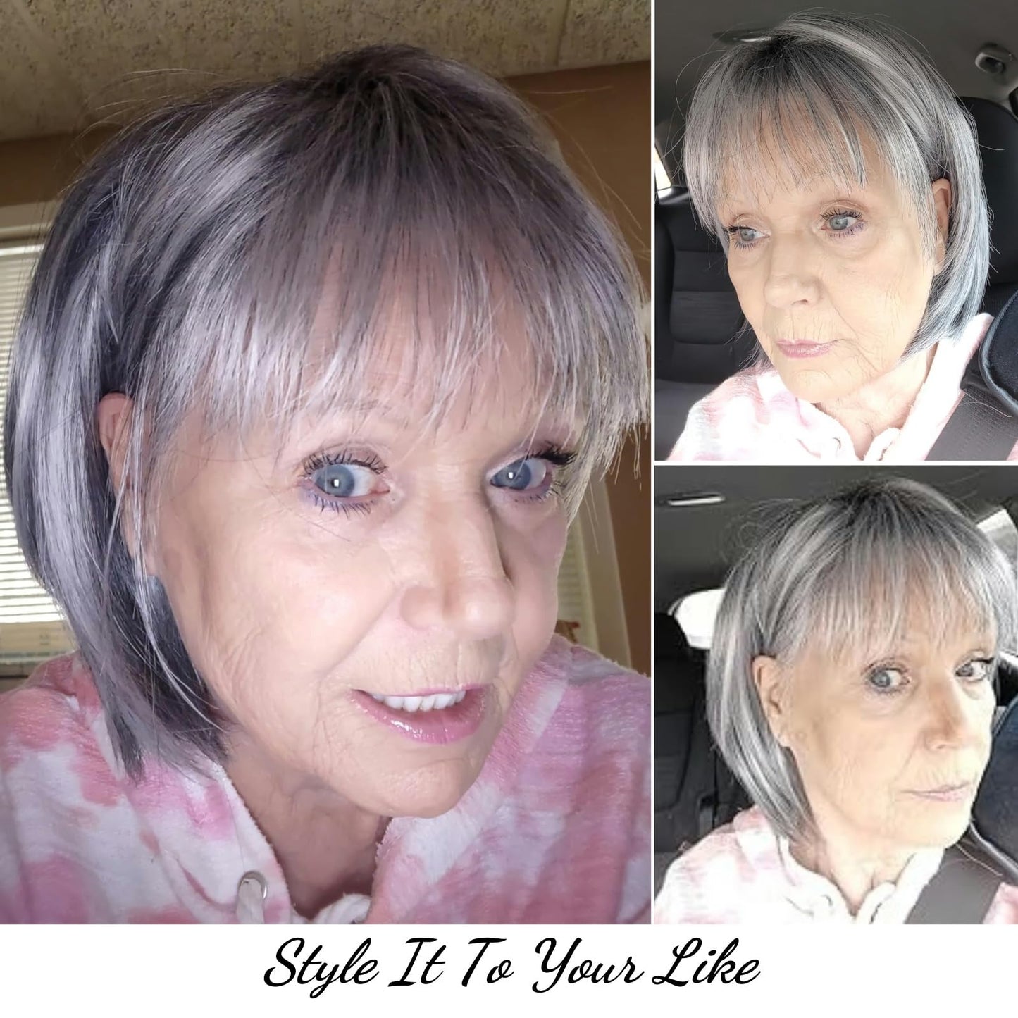 RENERSHOW Medium Length Bob Wigs for White Women Layered Blonde Highlight Straight Pixie Bob Wig with Bangs Heat Synthetic Natural Daily Party Wig 12inch Average Size Wig
