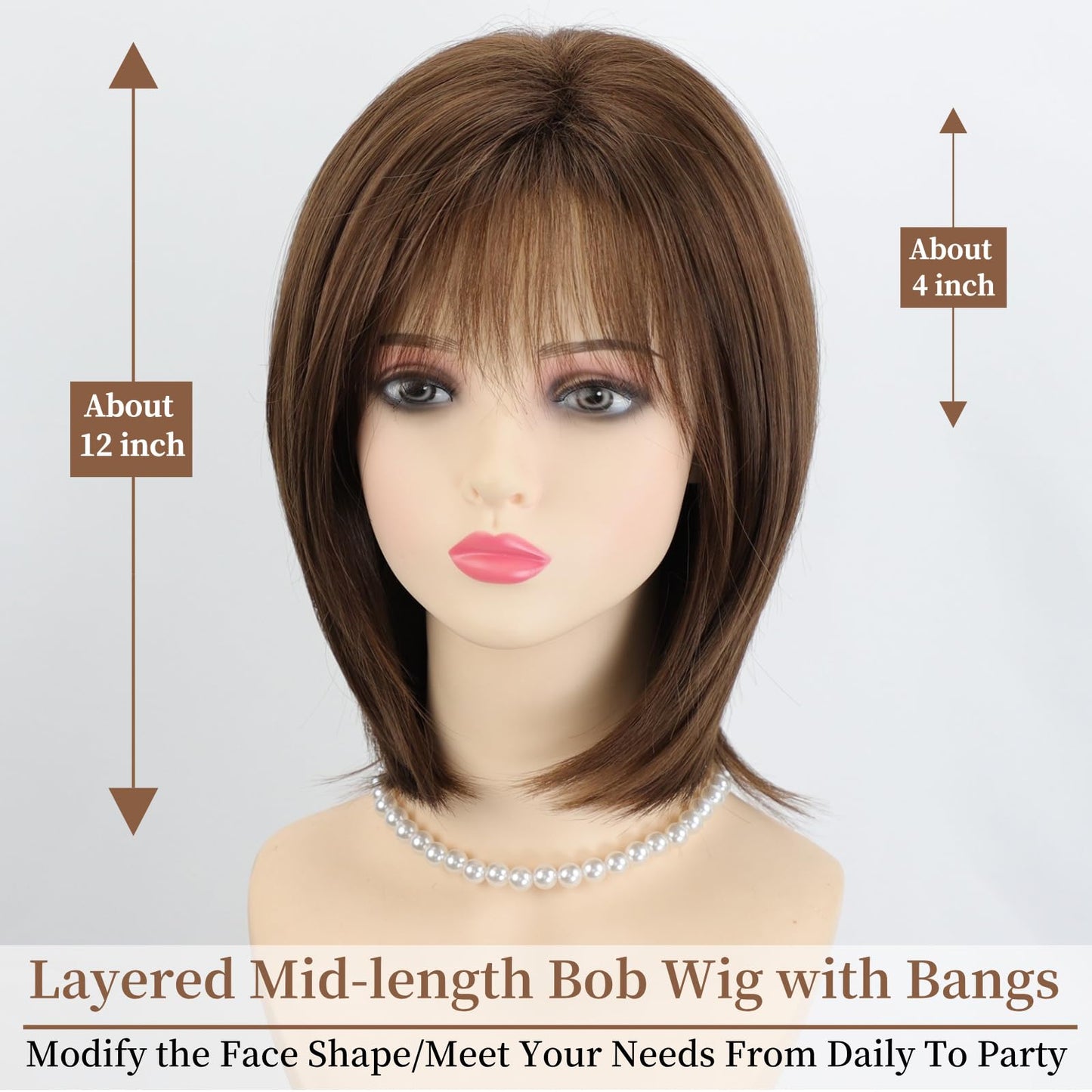 RENERSHOW Medium Length Bob Wigs for White Women Layered Blonde Highlight Straight Pixie Bob Wig with Bangs Heat Synthetic Natural Daily Party Wig 12inch Average Size Wig