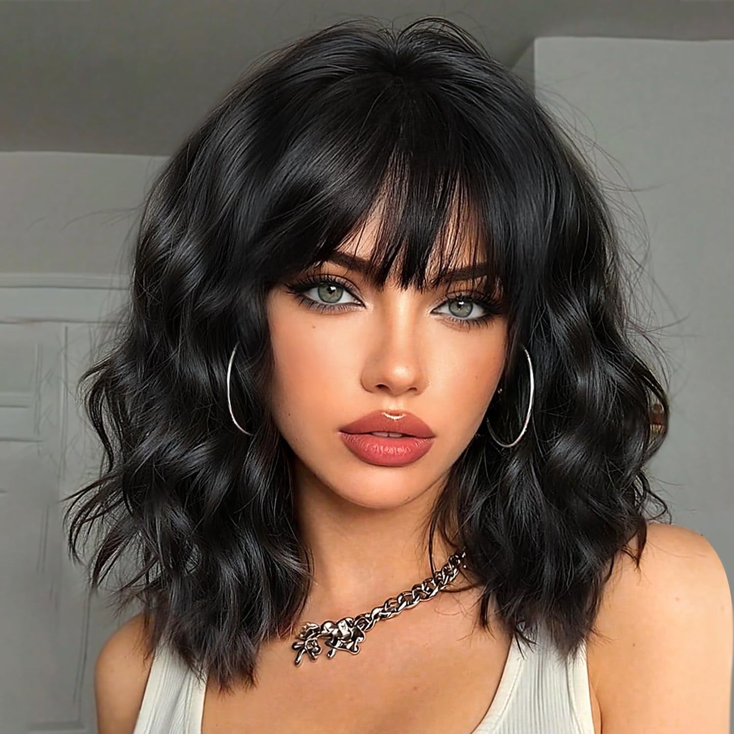 Bob Wavy Wigs for Women Reddish Caramel Brown Short Curly Hair Wig with Bangs Shoulder Length Style Synthetic Realistic Heat Resistant Wig for Everyday Hairstyle 16 Inch