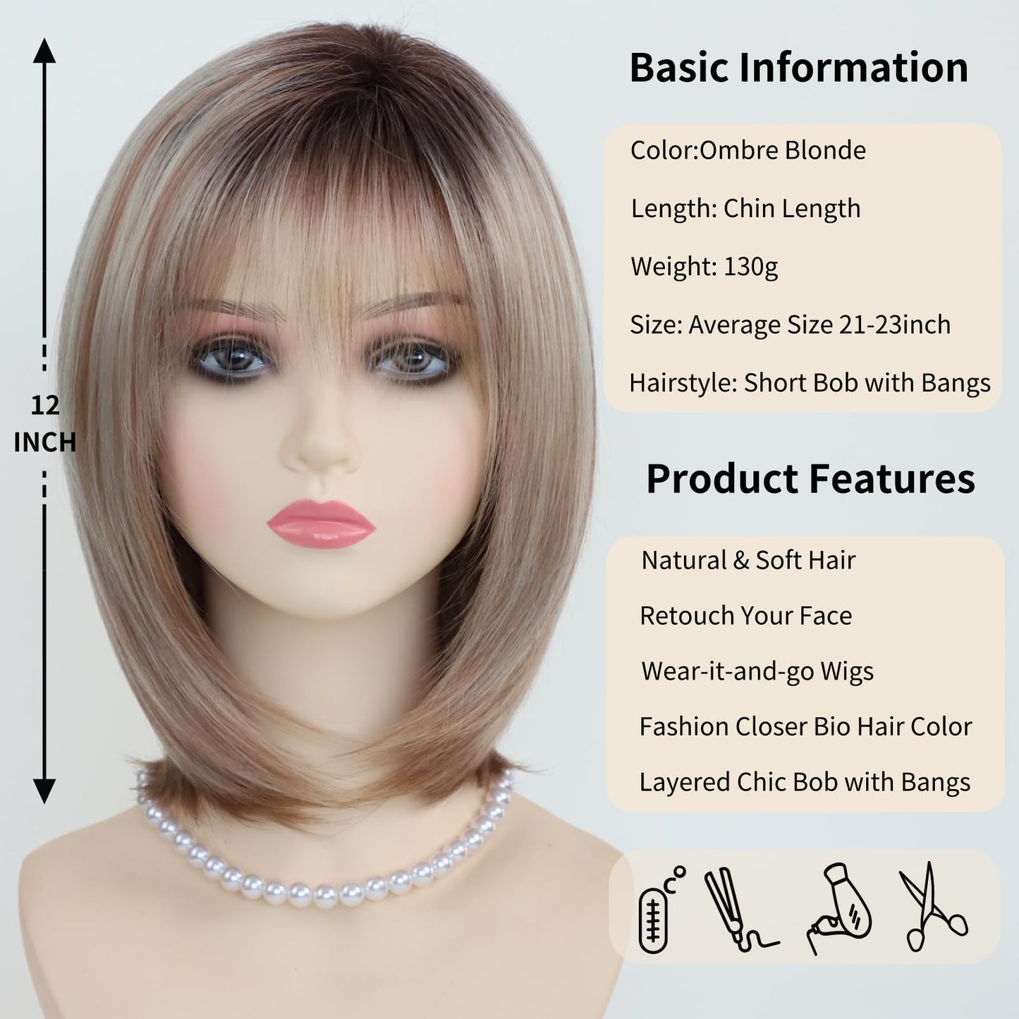 RENERSHOW Medium Length Bob Wigs for White Women Layered Blonde Highlight Straight Pixie Bob Wig with Bangs Heat Synthetic Natural Daily Party Wig 12inch Average Size Wig