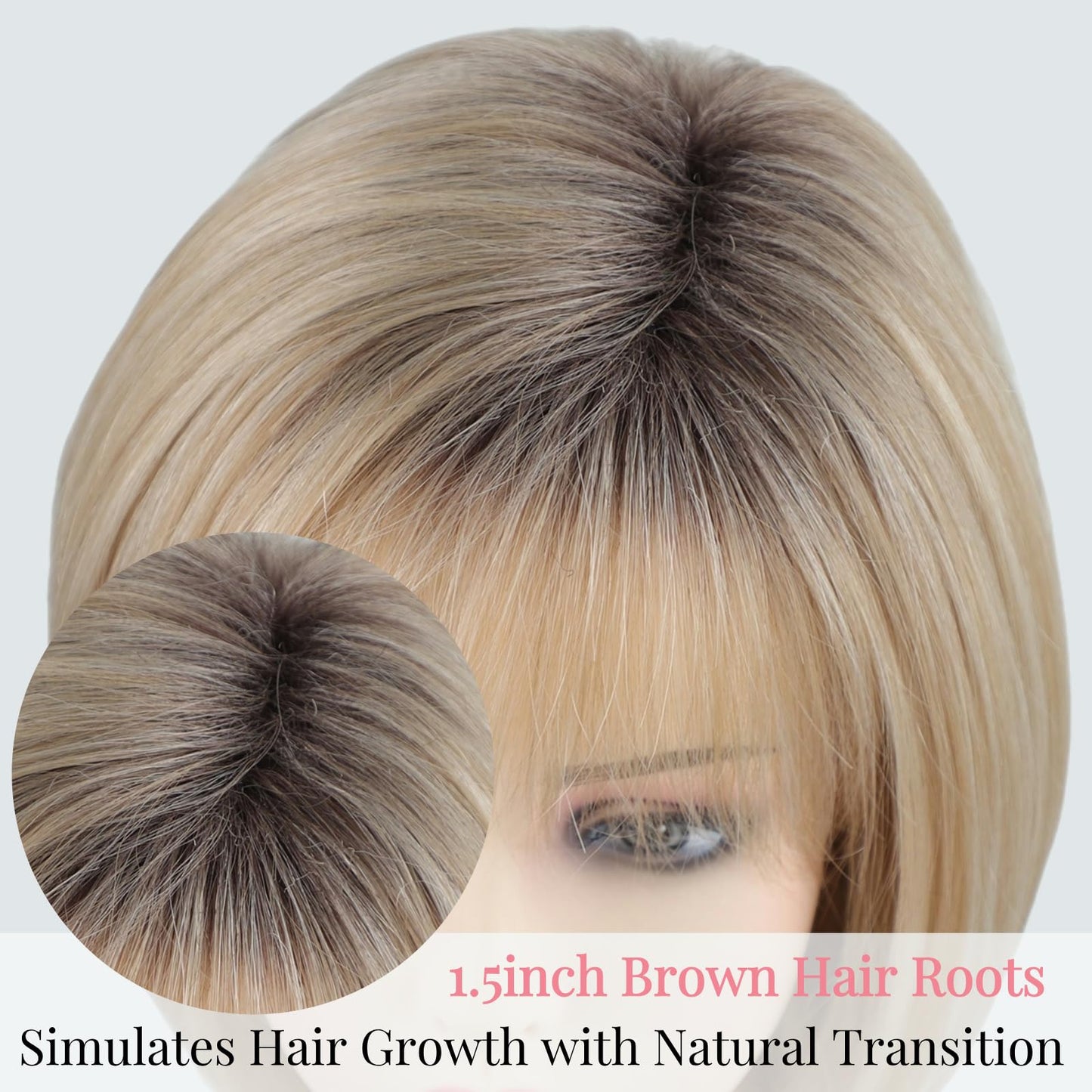 RENERSHOW Medium Length Bob Wigs for White Women Layered Blonde Highlight Straight Pixie Bob Wig with Bangs Heat Synthetic Natural Daily Party Wig 12inch Average Size Wig