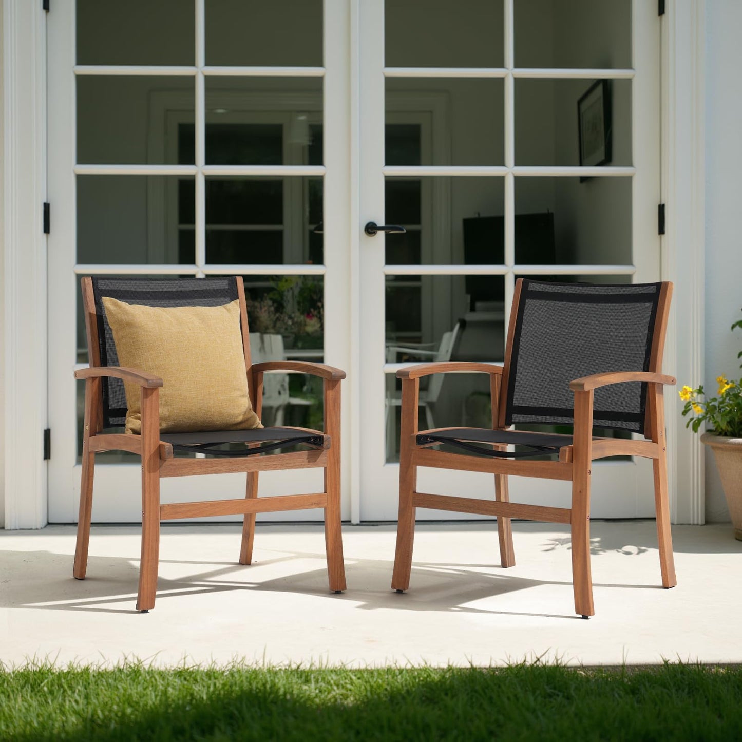 OC Orange-Casual Patio Furniture Set, Outdoor Chairs Set with Acacia Wood Frame and Metal Support Bars,Breathable Textilene Fabric Curved Armchair Support 350lbs for Lawn, Garden (Black, 2 Pieces)