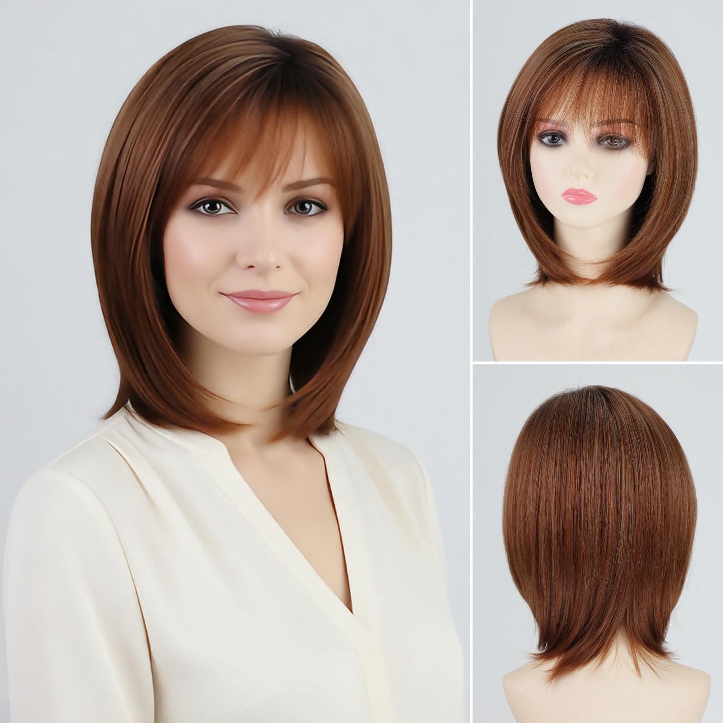 RENERSHOW Medium Length Bob Wigs for White Women Layered Blonde Highlight Straight Pixie Bob Wig with Bangs Heat Synthetic Natural Daily Party Wig 12inch Average Size Wig