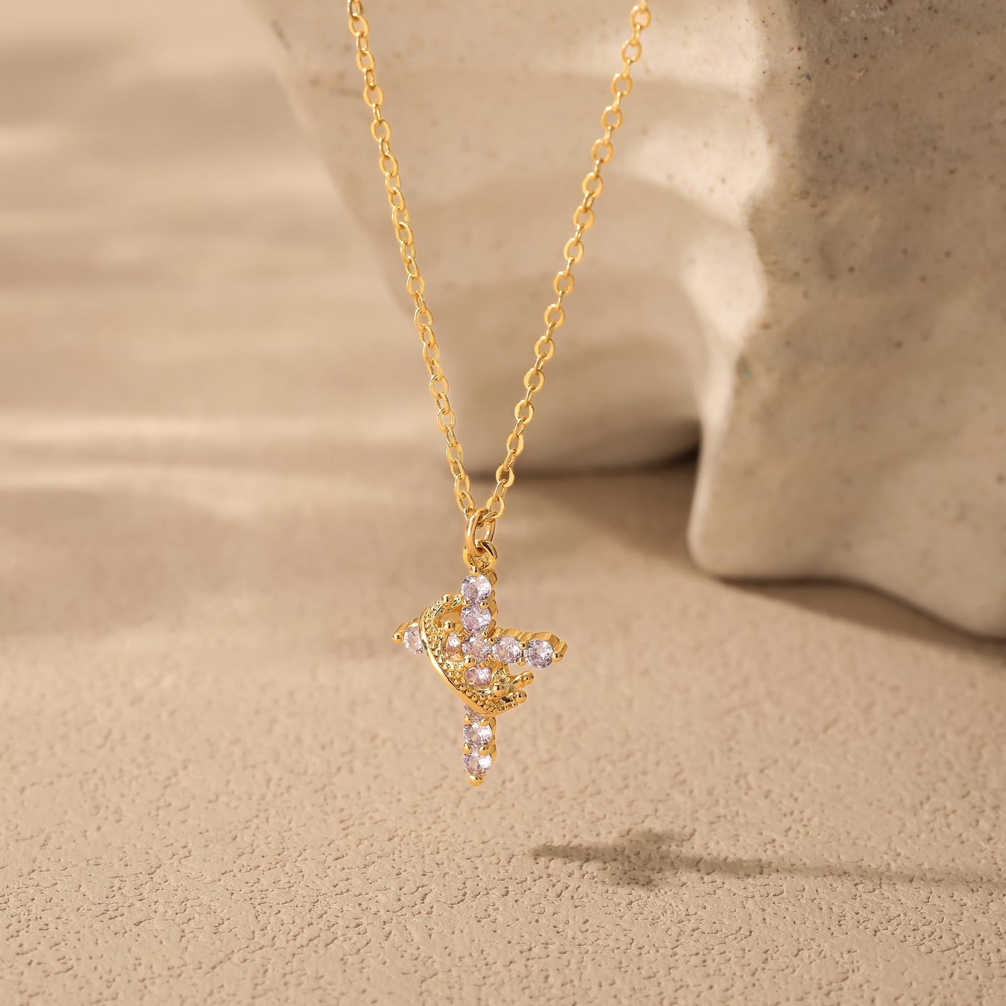 Robaice Cross Necklace for Women, 14K Gold Plated Crown Cross Pendant Necklace, Non-Tarnish Faith Jewelry for Women, Christian Religious Gifts